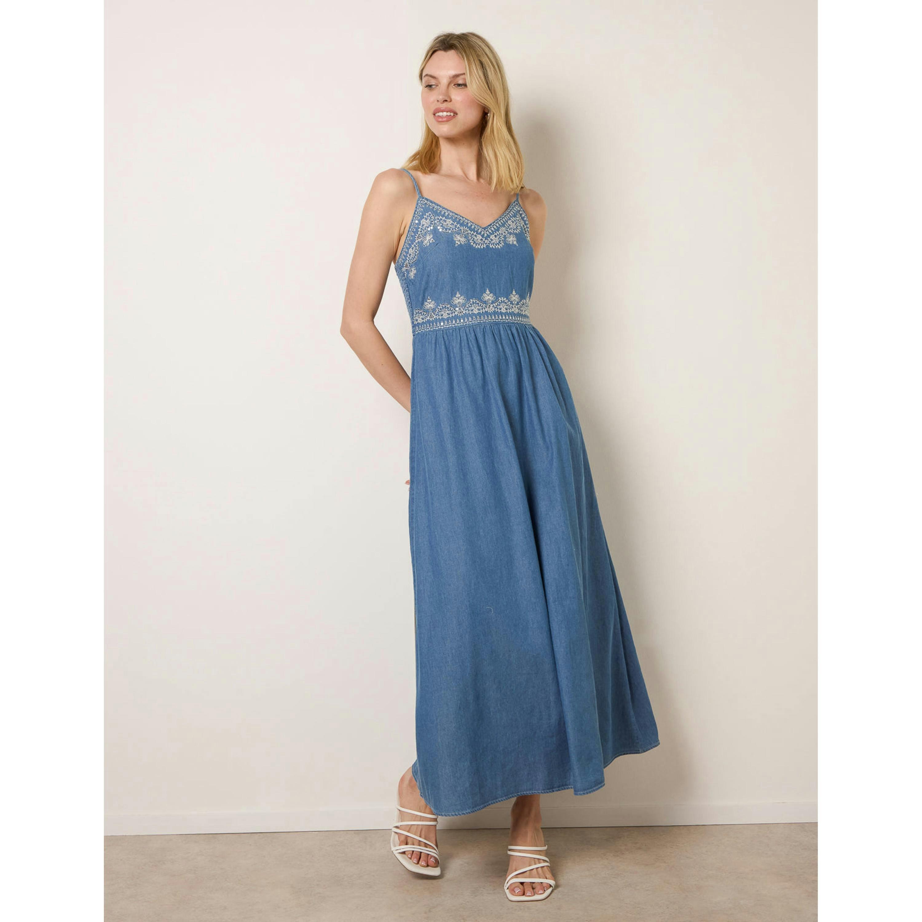 Blue Vanilla Floral Embroidery Adjustable Strap Maxi Dress  in Blue , view 4 of 4