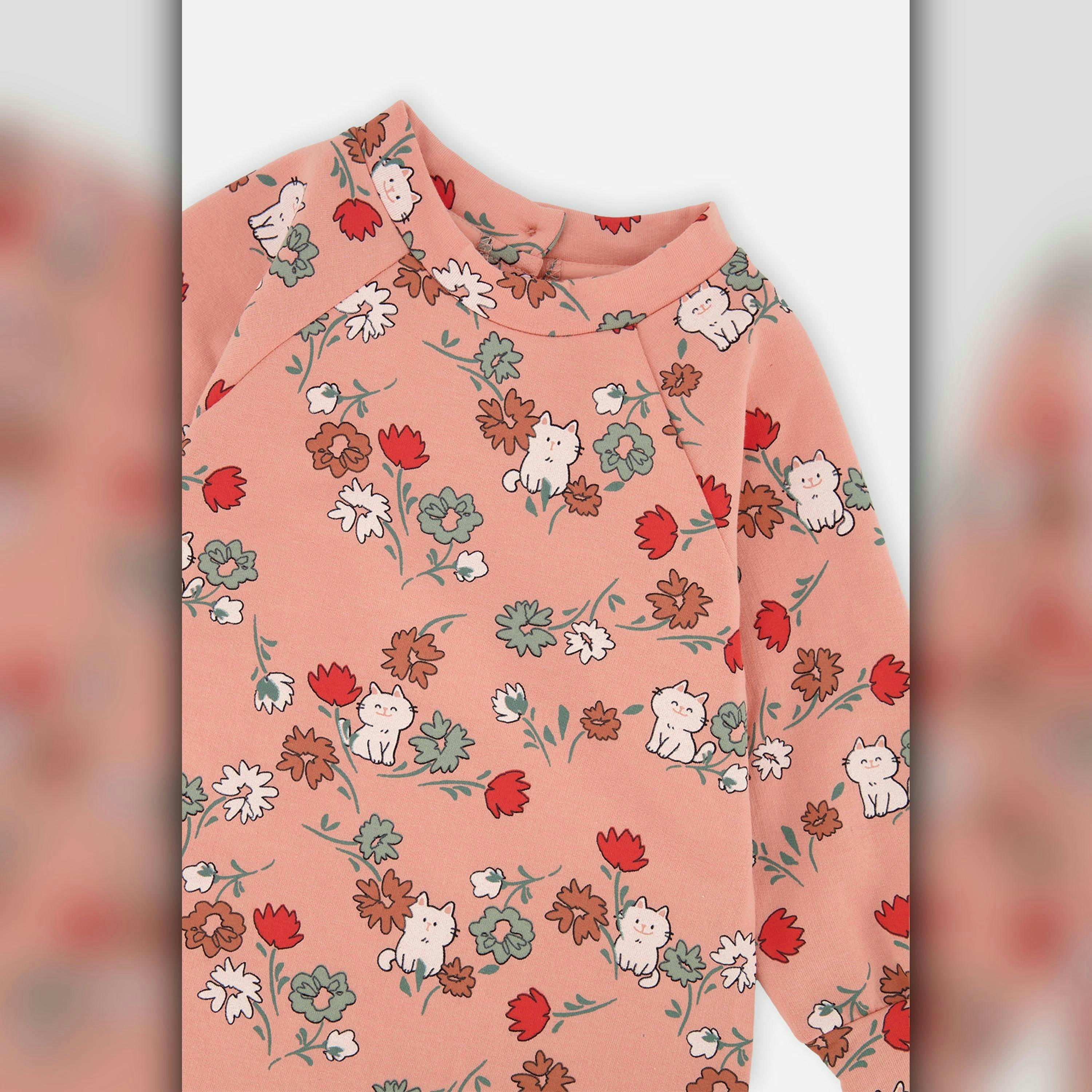 French Terry Dress Pink Cat Print , view 4 of 5