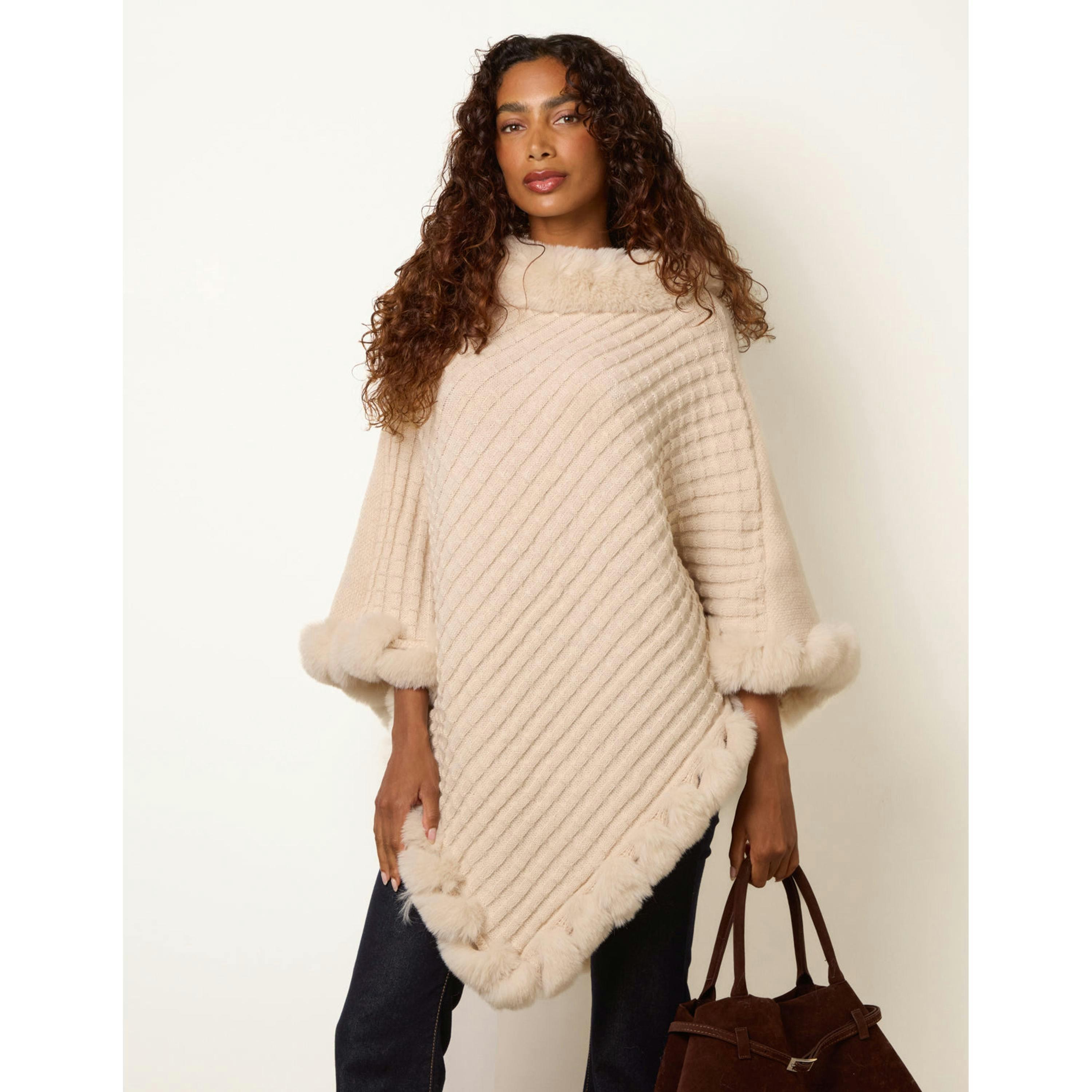 Blue Vanilla Faux Fur Trim Poncho  in Stone , view 1 of 4