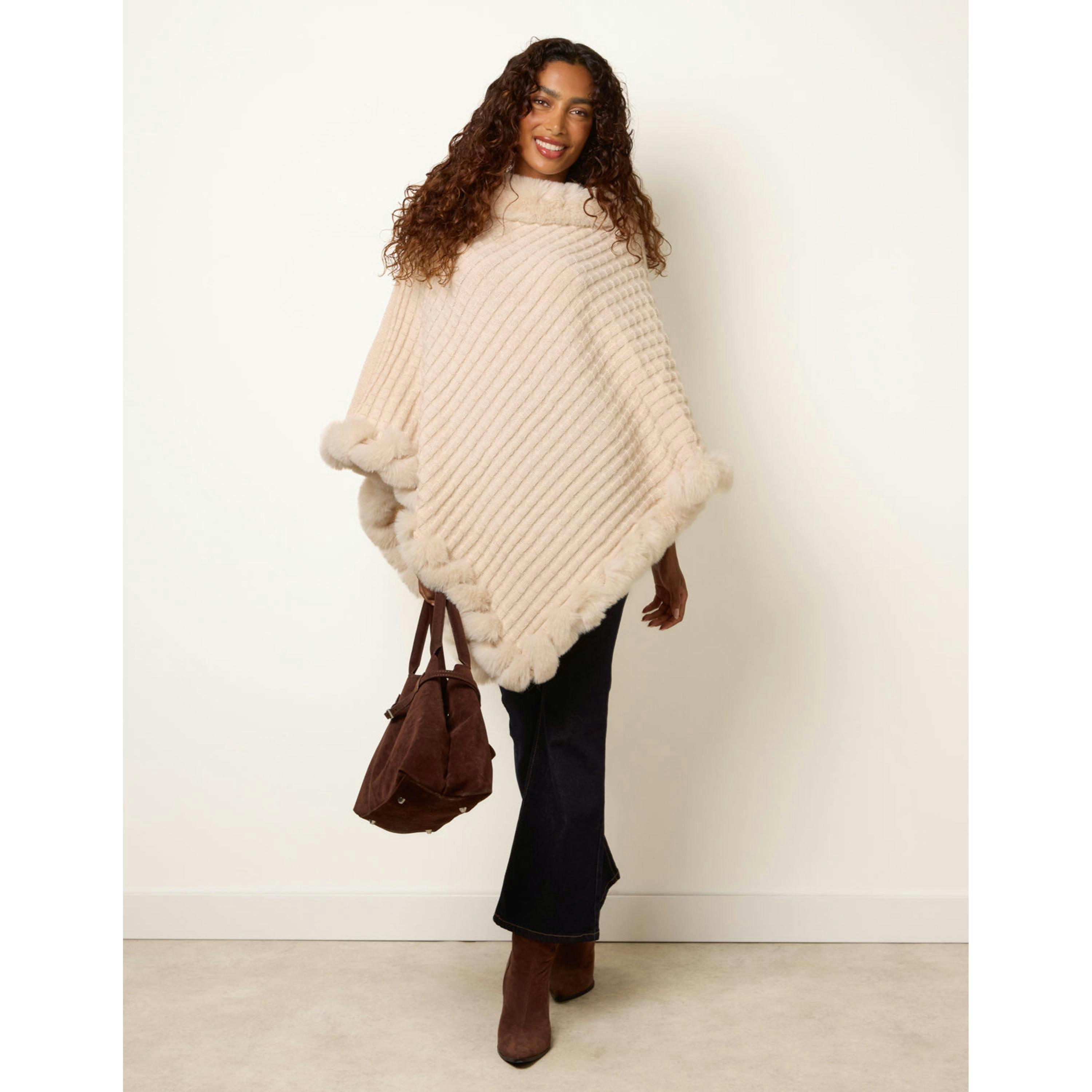 Blue Vanilla Faux Fur Trim Poncho  in Stone , view 2 of 4