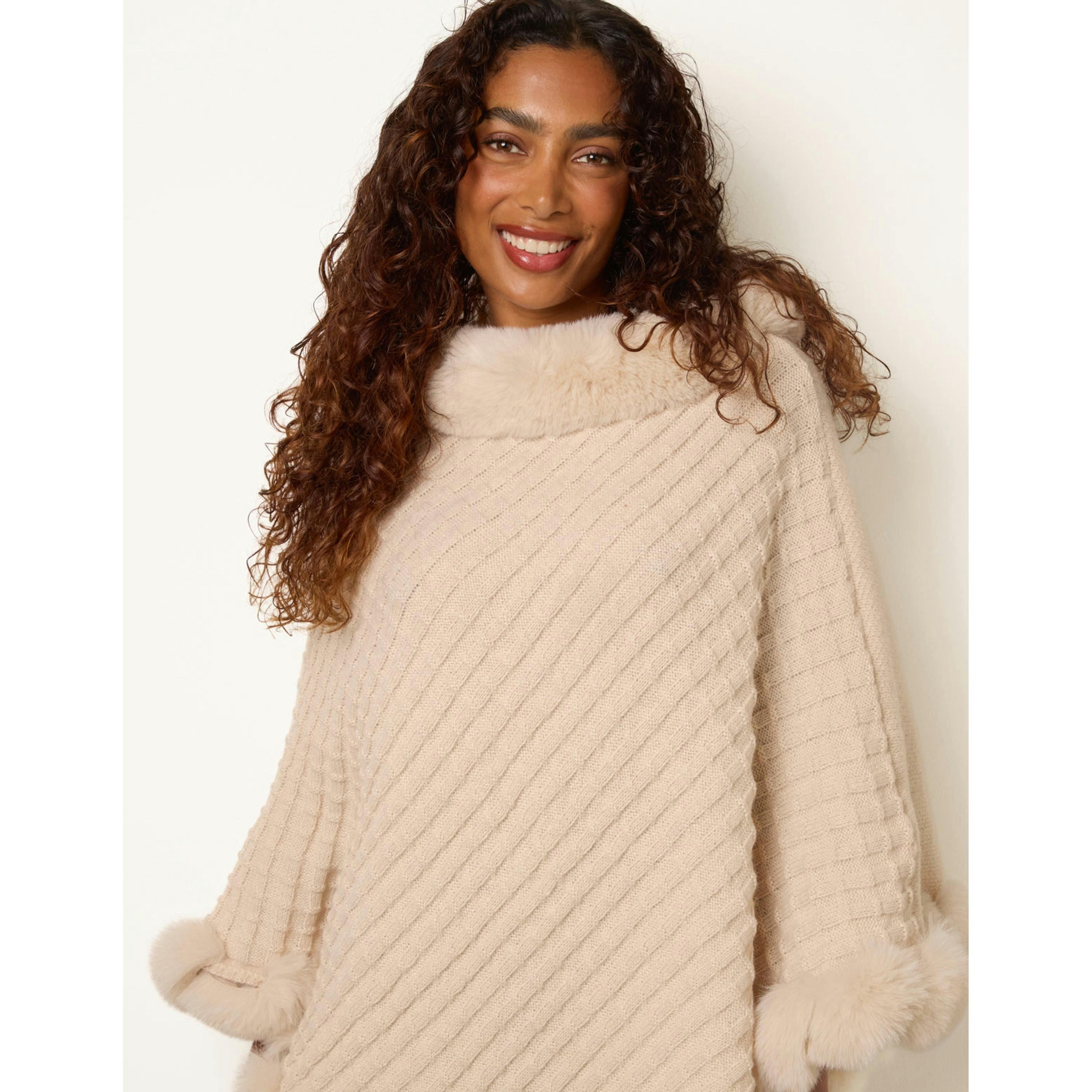 Blue Vanilla Faux Fur Trim Poncho  in Stone , view 3 of 4