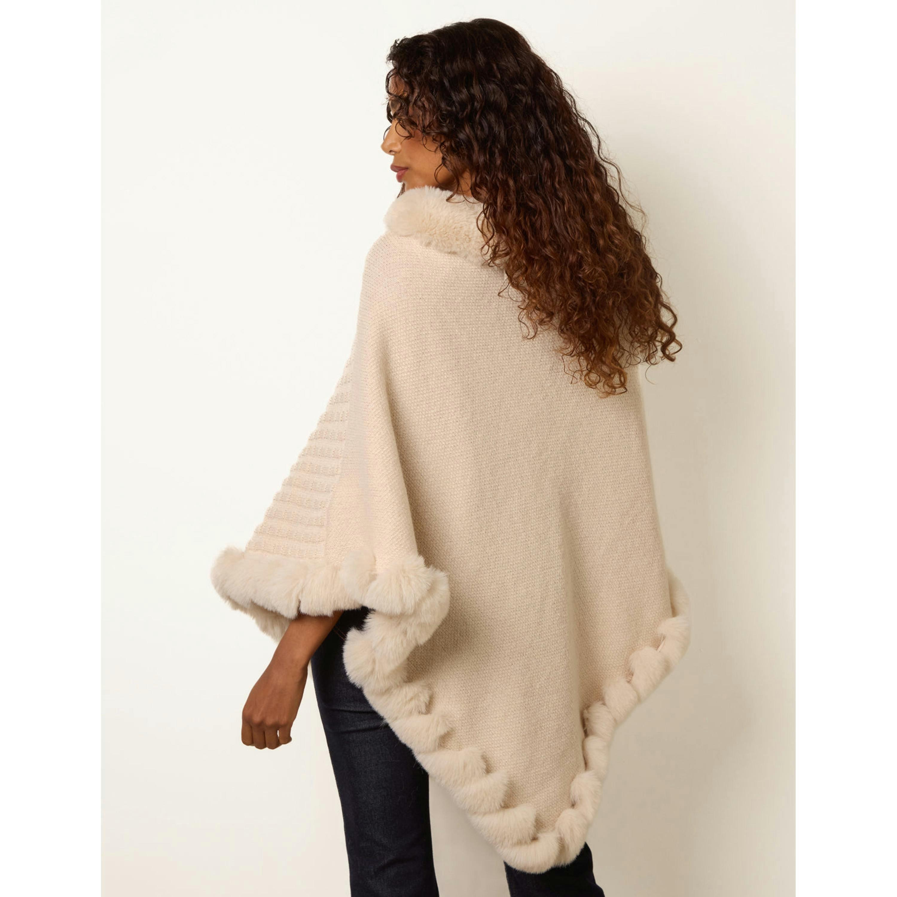 Blue Vanilla Faux Fur Trim Poncho  in Stone , view 4 of 4