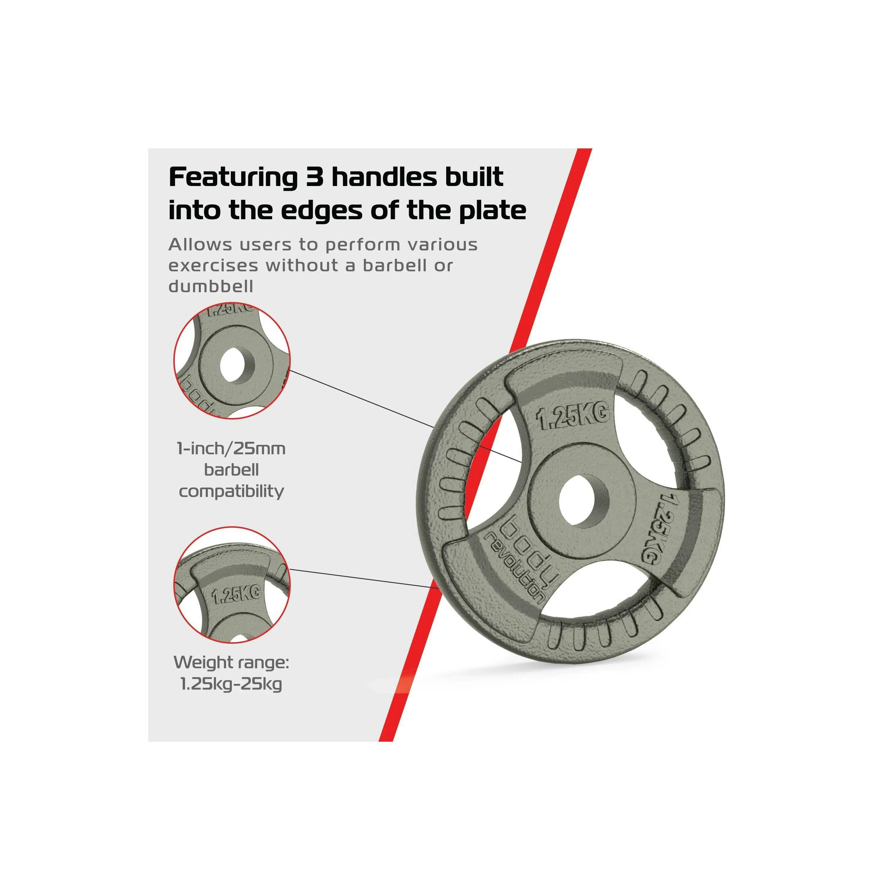 2x 1.25kg Cast Iron Weight Plates - 1" Standard Tri Grip , view 4 of 4