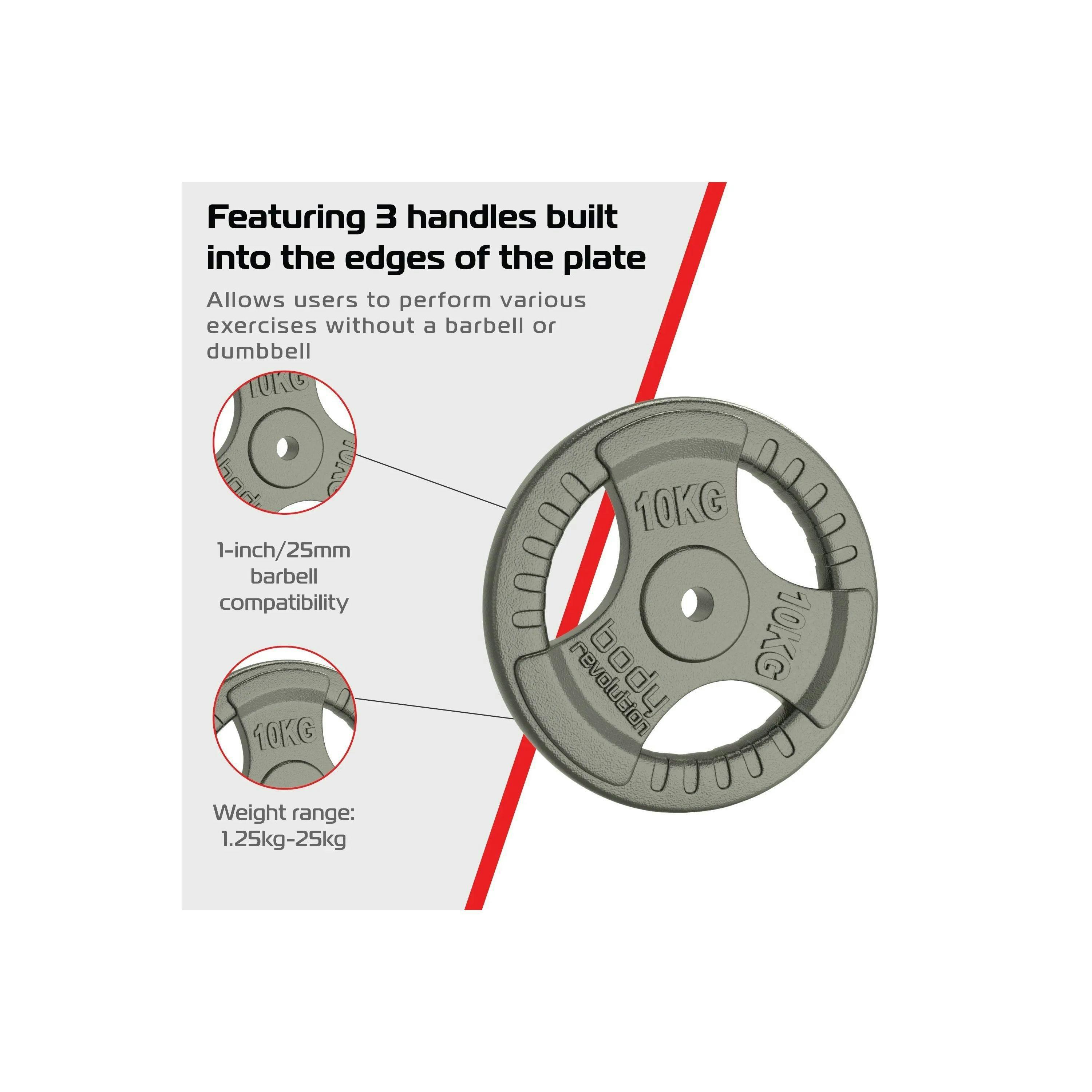 2x 10kg Cast Iron Weight Plates - 1" Standard Tri Grip , view 4 of 4