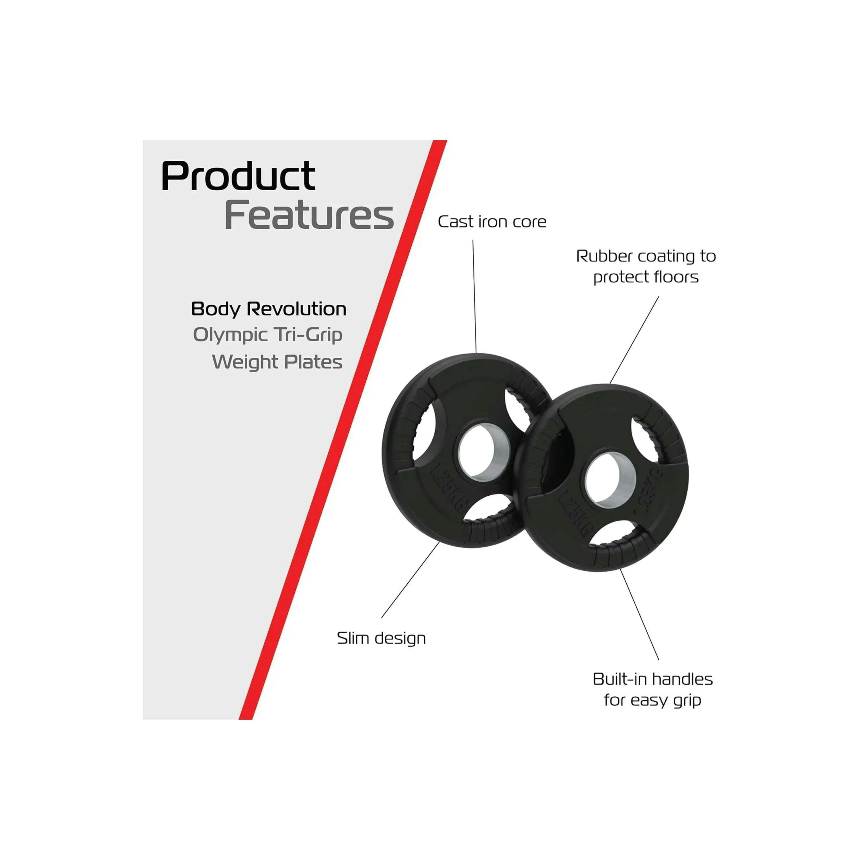 2 x 1.25kg Olympic Tri-Grip Rubber Weight Black Plates , view 2 of 4