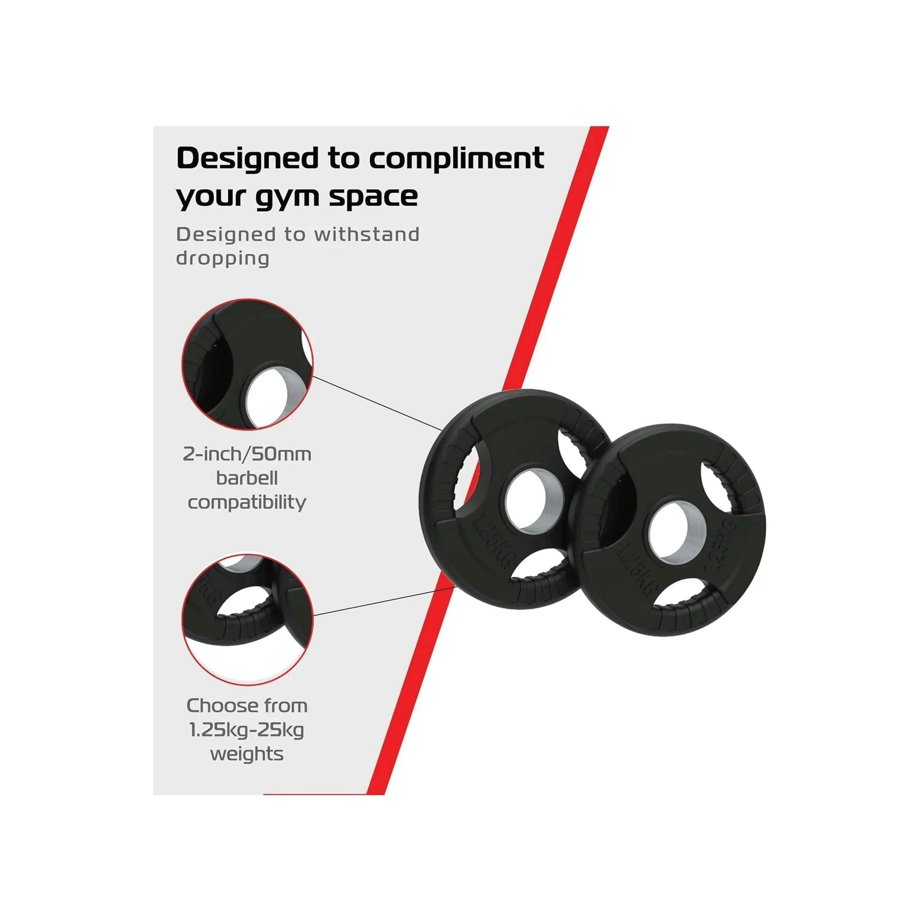 2 x 1.25kg Olympic Tri-Grip Rubber Weight Black Plates , view 4 of 4