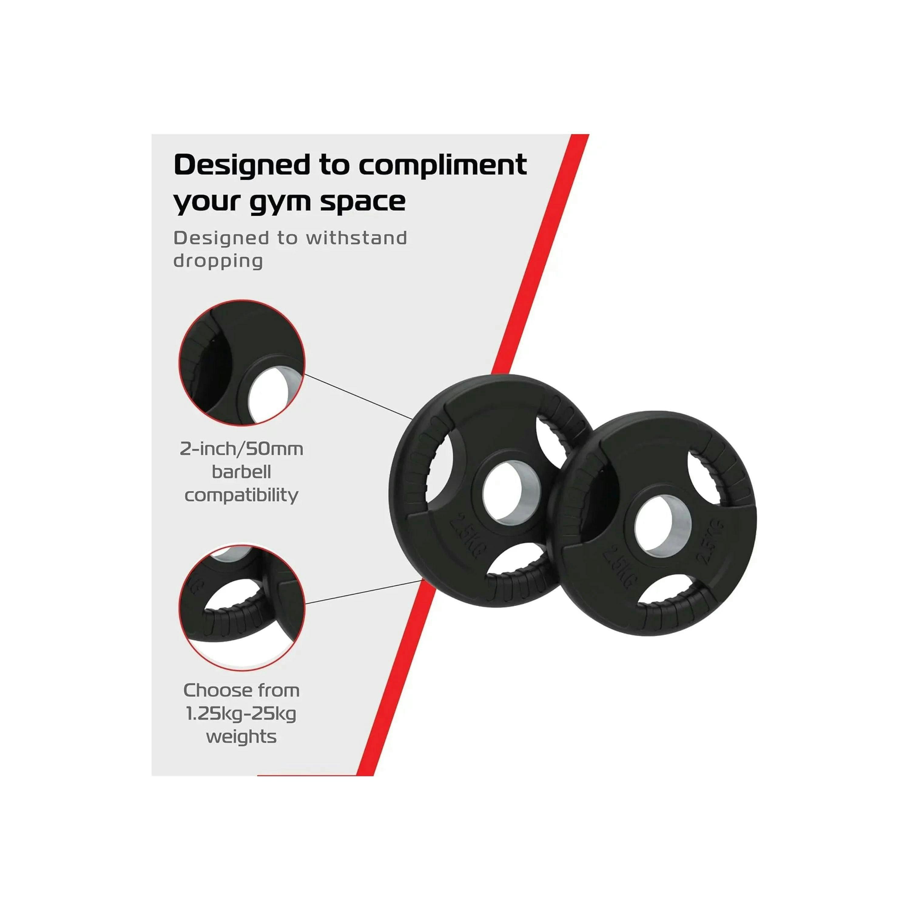 2 x 2.5kg Olympic Tri-Grip Rubber Weight Black Plates , view 4 of 4