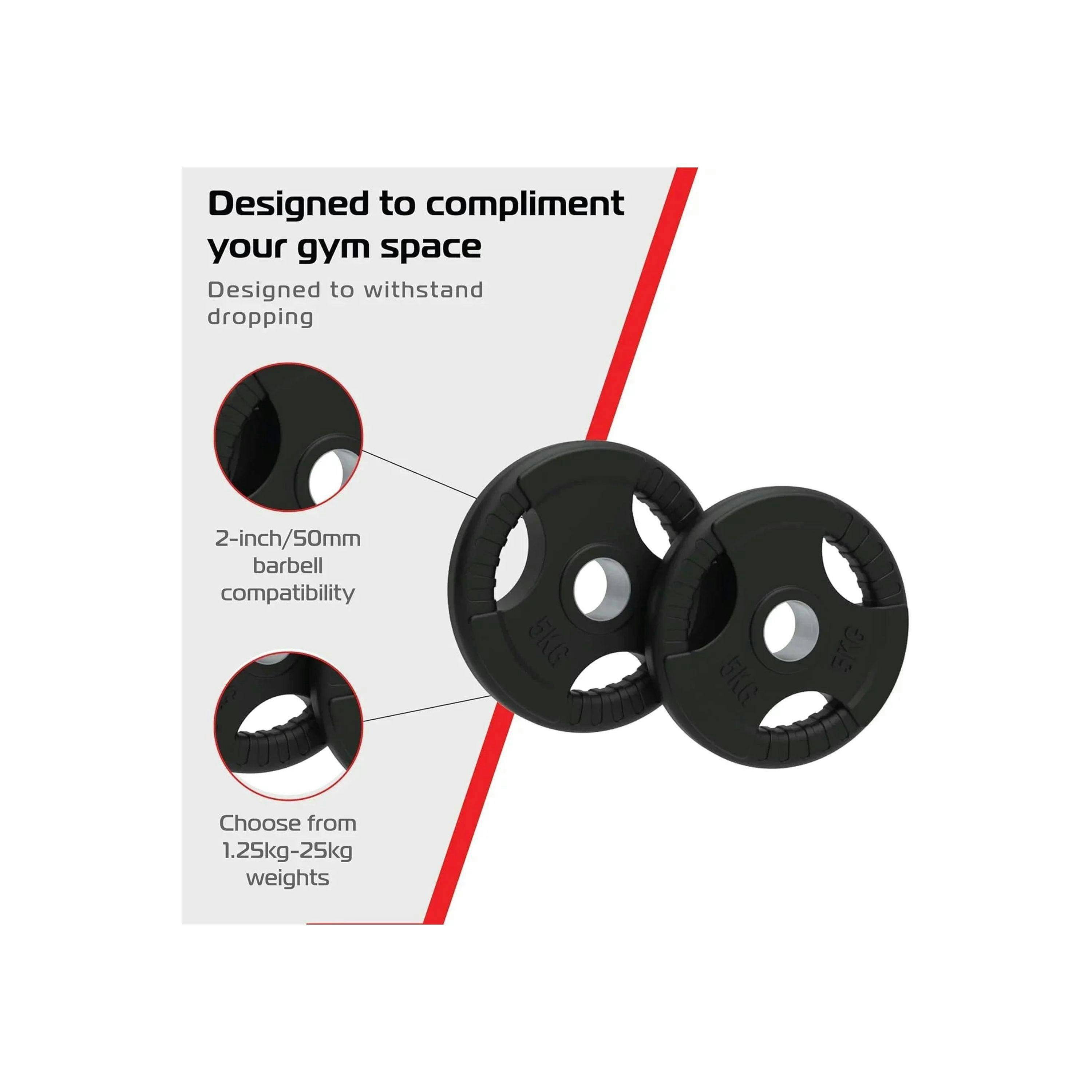 2 x 5kg Olympic Tri-Grip Rubber Weight Black Plates , view 4 of 4