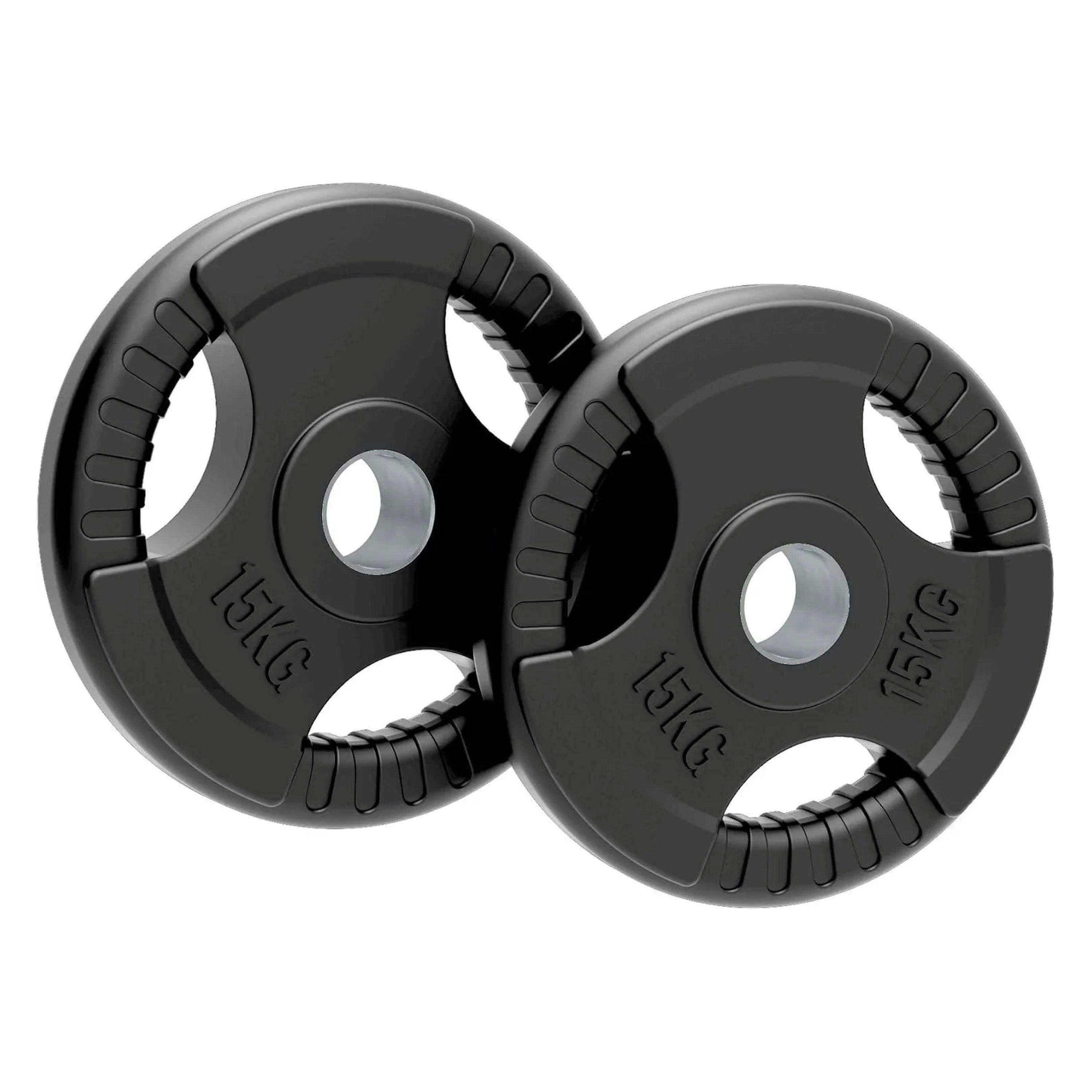 2 x 15kg Olympic Tri-Grip Rubber Weight Black Plates , view 1 of 4