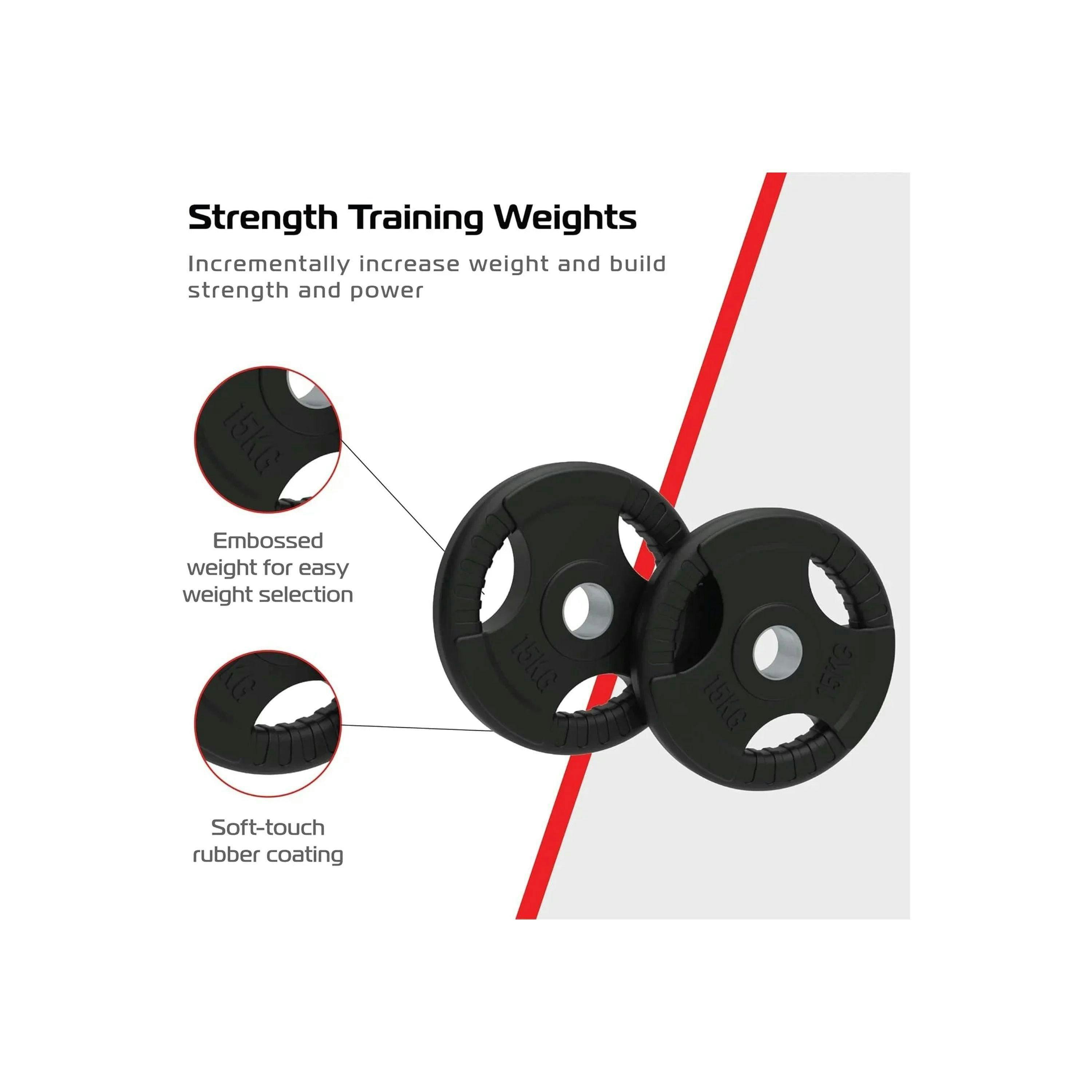2 x 15kg Olympic Tri-Grip Rubber Weight Black Plates , view 3 of 4