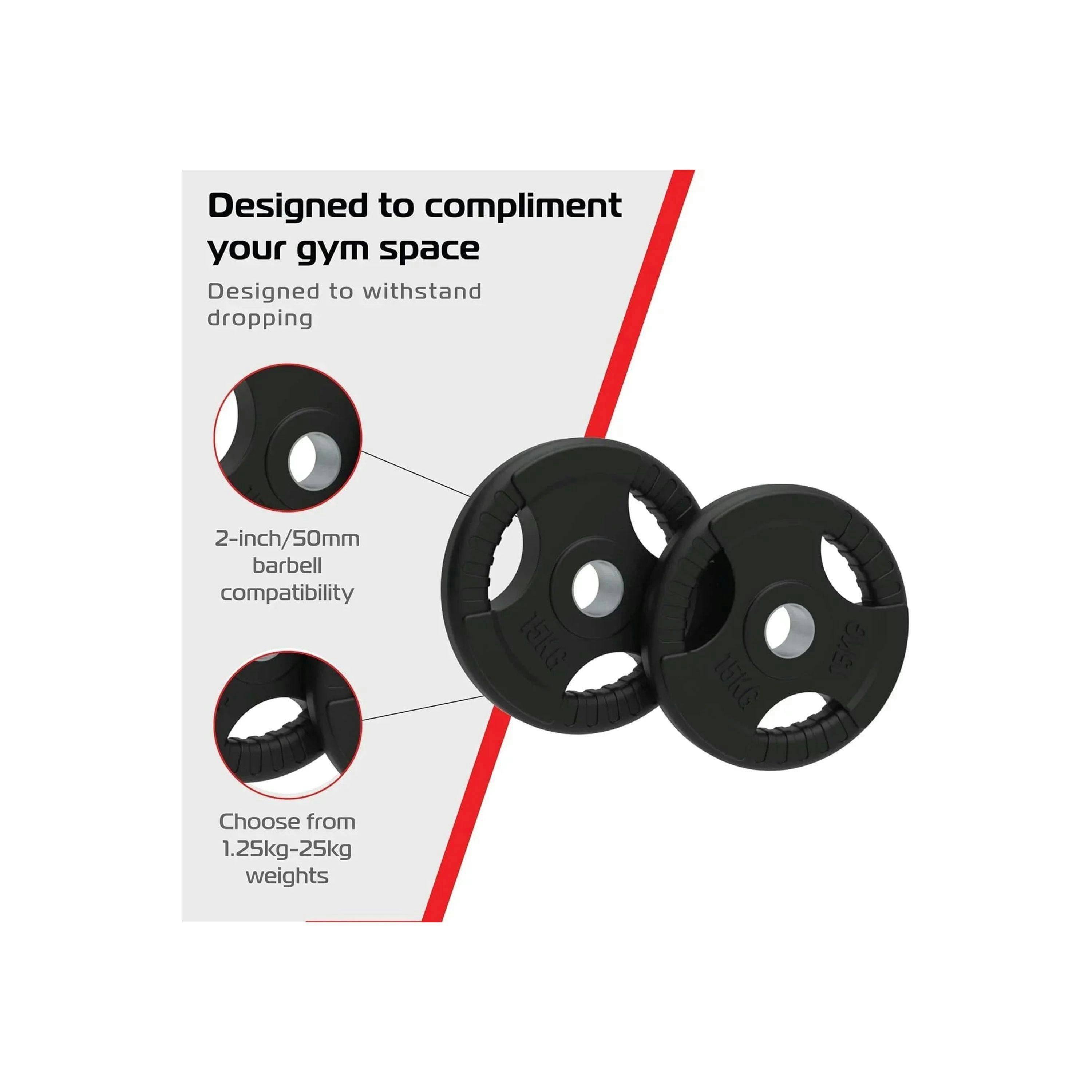 2 x 15kg Olympic Tri-Grip Rubber Weight Black Plates , view 4 of 4