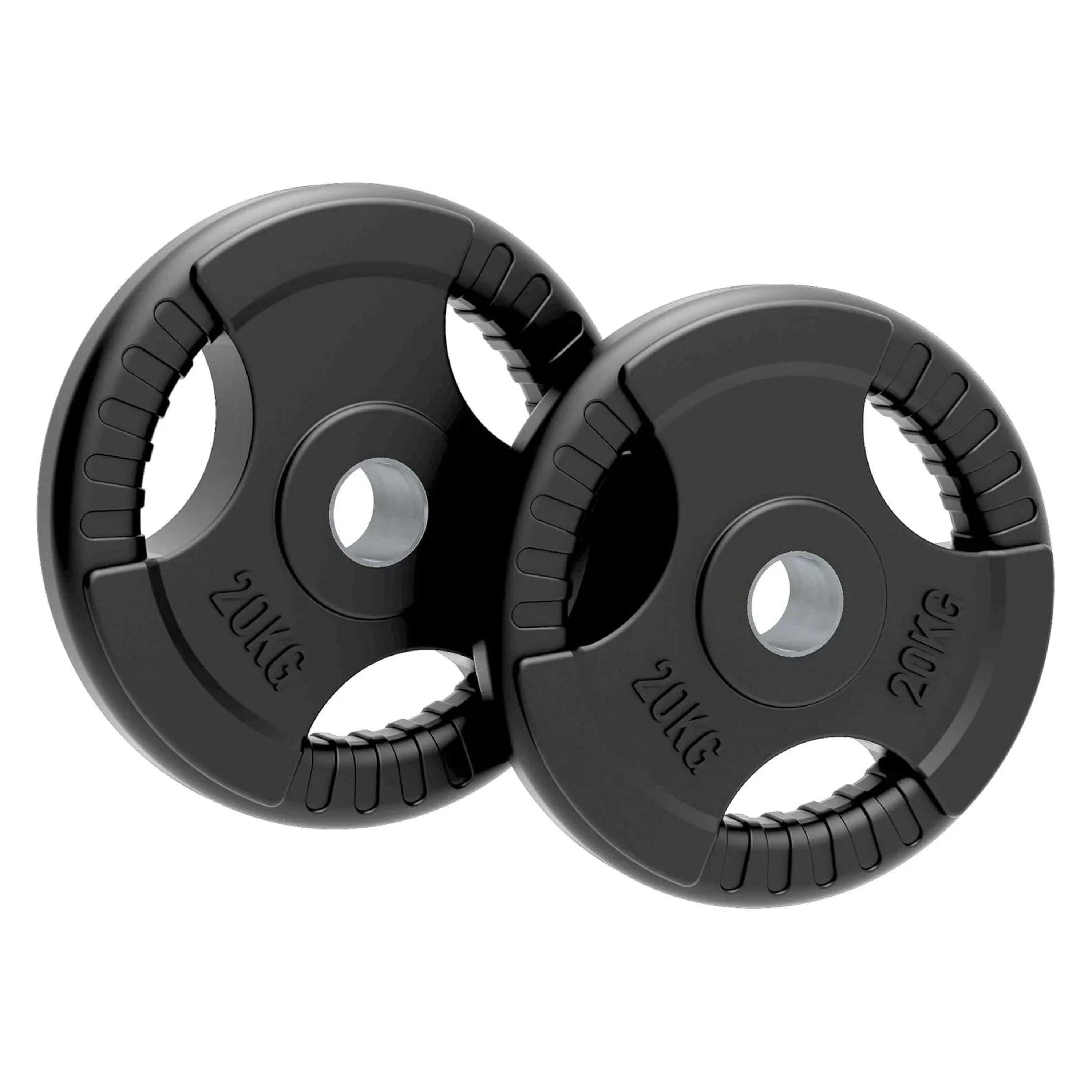 2 x 20kg Olympic Tri-Grip Rubber Weight Black Plates , view 1 of 4