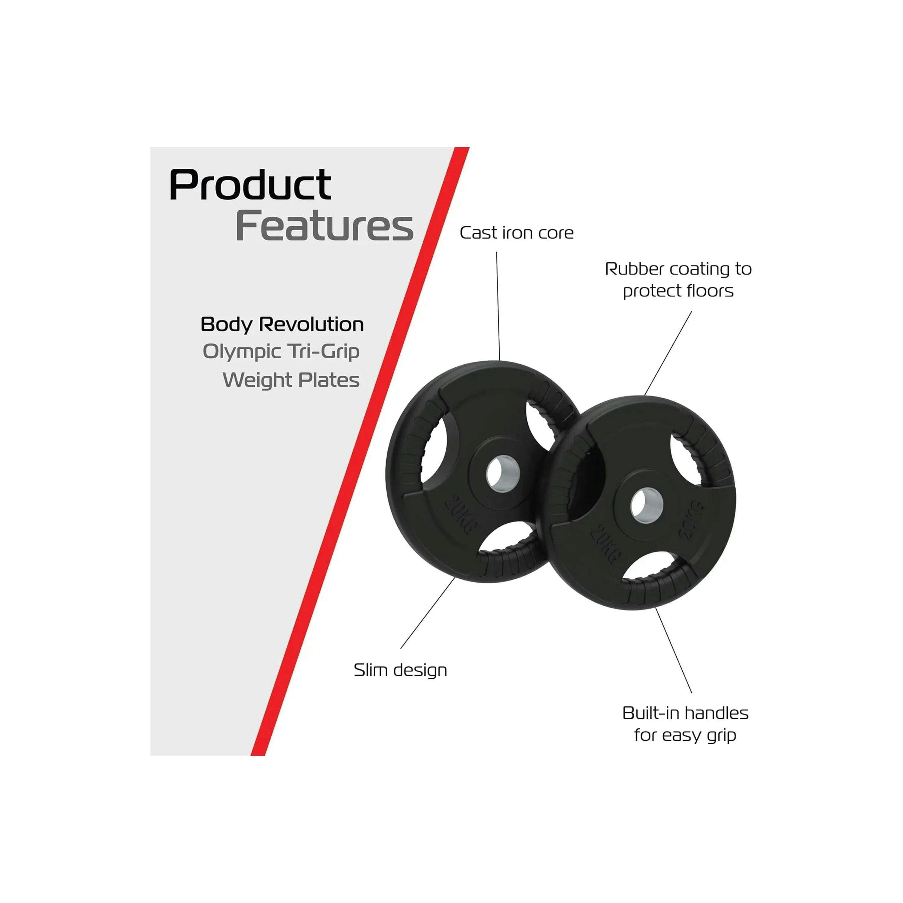 2 x 20kg Olympic Tri-Grip Rubber Weight Black Plates , view 2 of 4