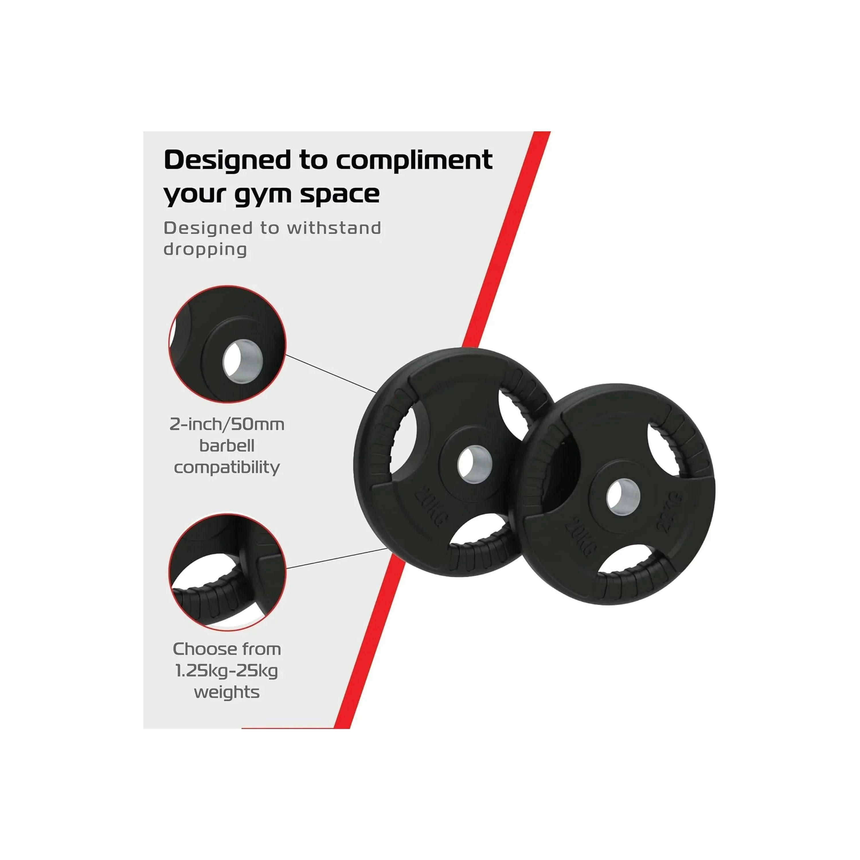 2 x 20kg Olympic Tri-Grip Rubber Weight Black Plates , view 4 of 4