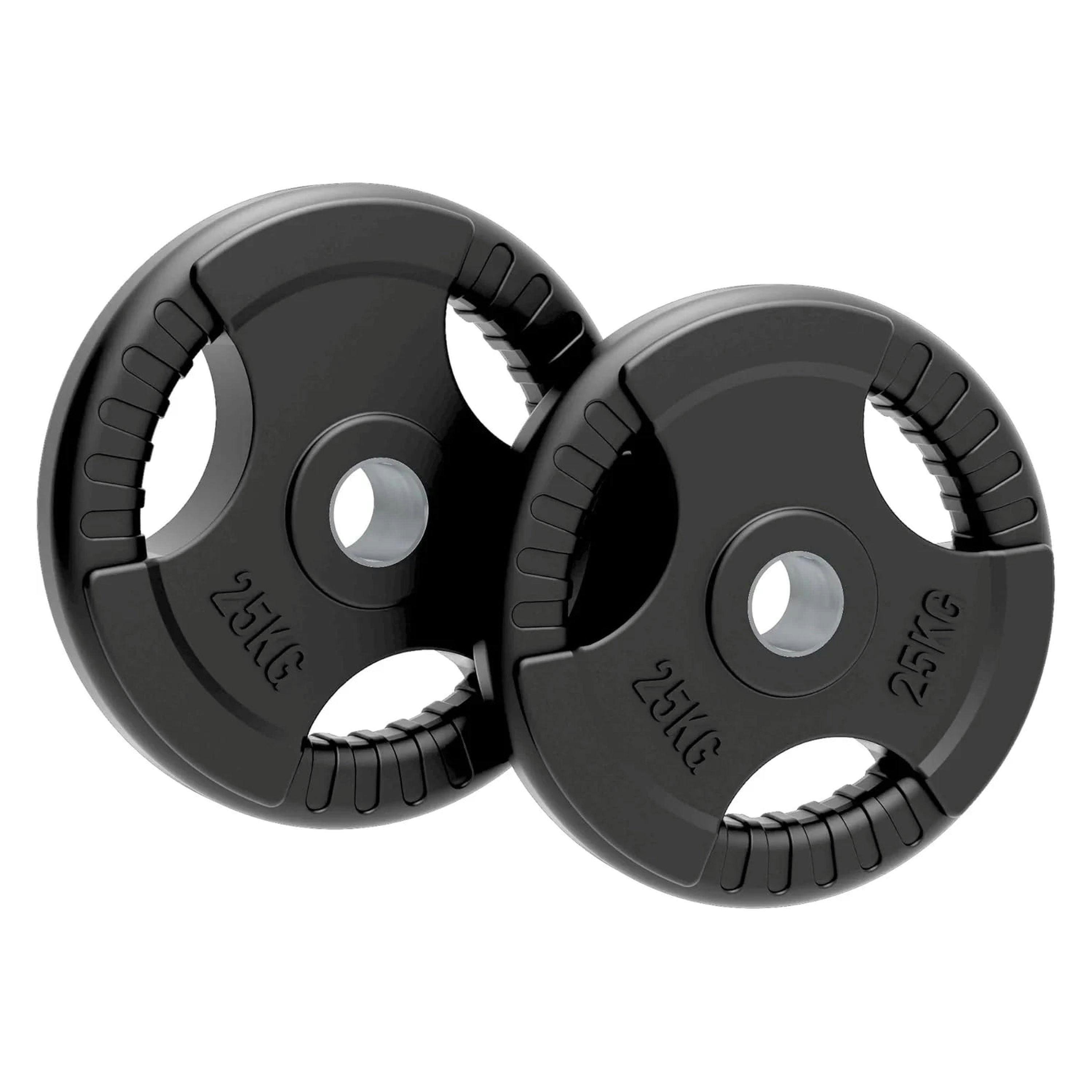 2 x 25kg Olympic Tri-Grip Rubber Weight Black Plates , view 1 of 4