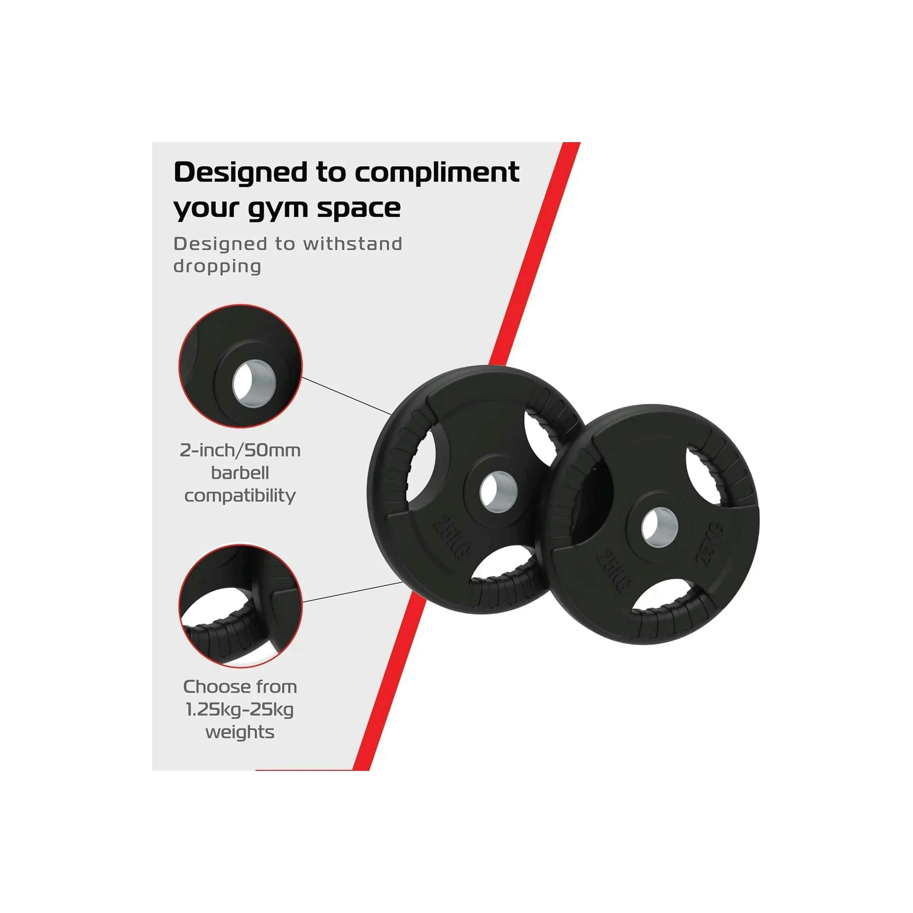 2 x 25kg Olympic Tri-Grip Rubber Weight Black Plates , view 4 of 4