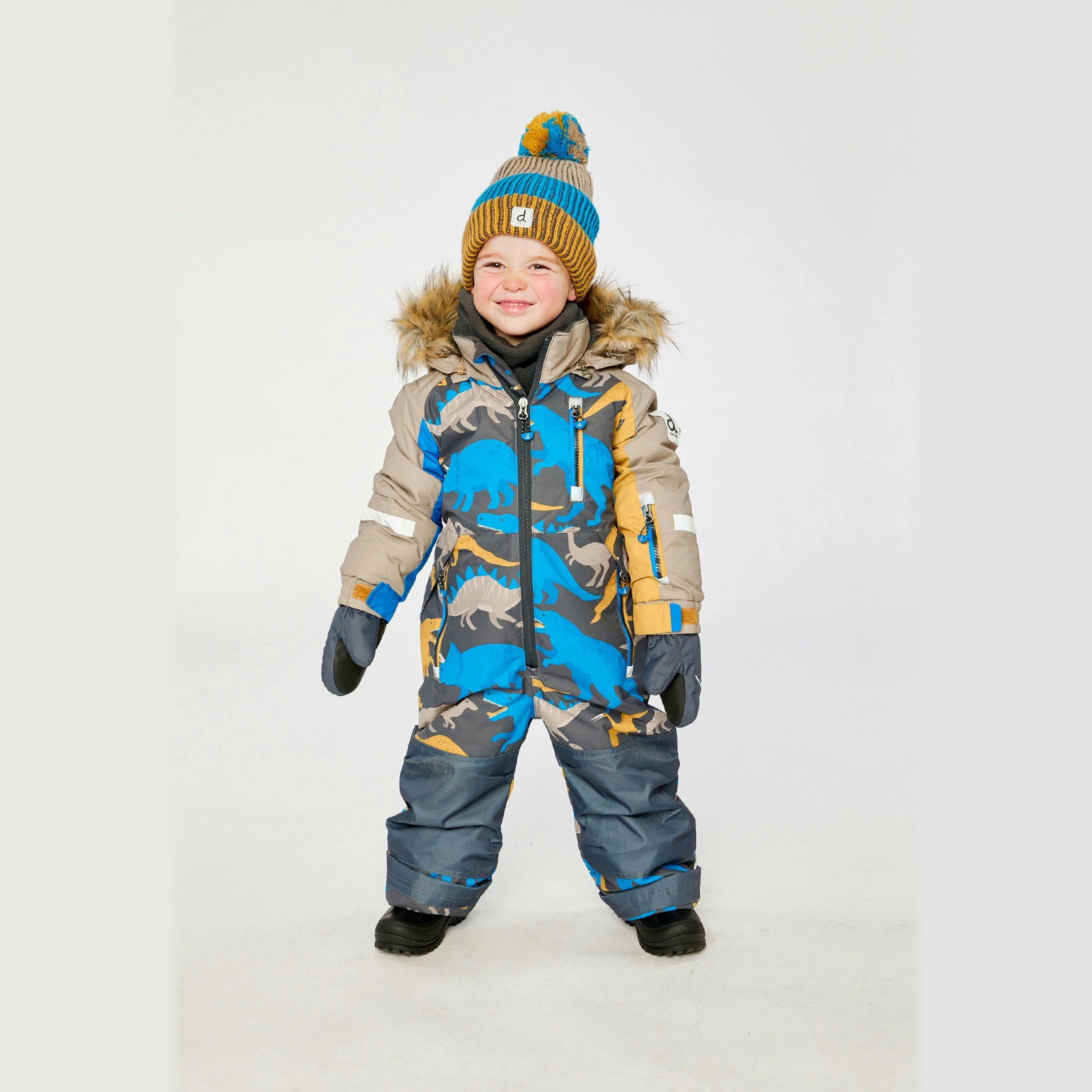 Kids One Piece Play Snowsuit Grey And Blue Dinosaur Print , view 4 of 6