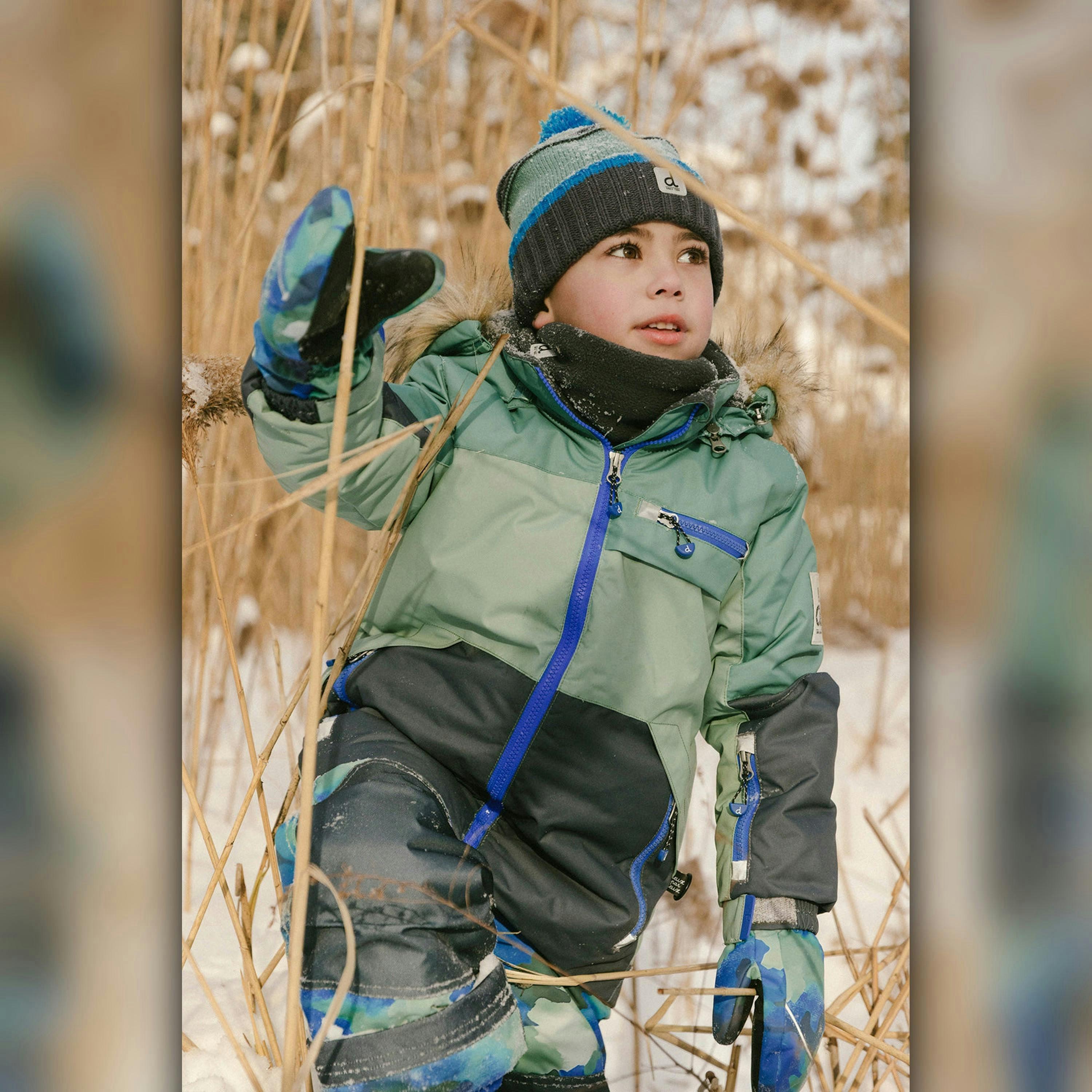Two Piece Play Snowsuit Green And Navy Colorblock With Blue Camouflage Pants , view 2 of 6