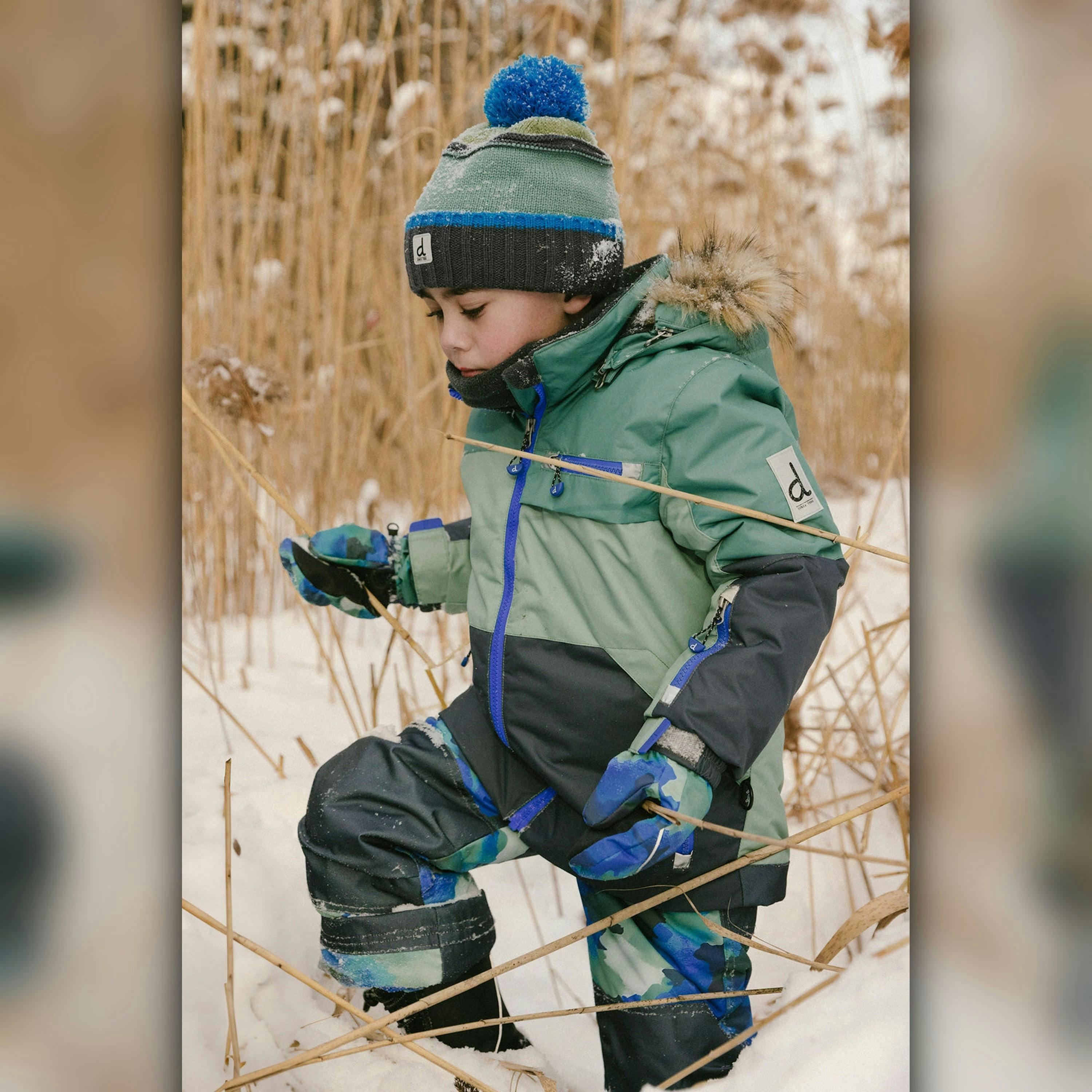 Two Piece Play Snowsuit Green And Navy Colorblock With Blue Camouflage Pants , view 3 of 6