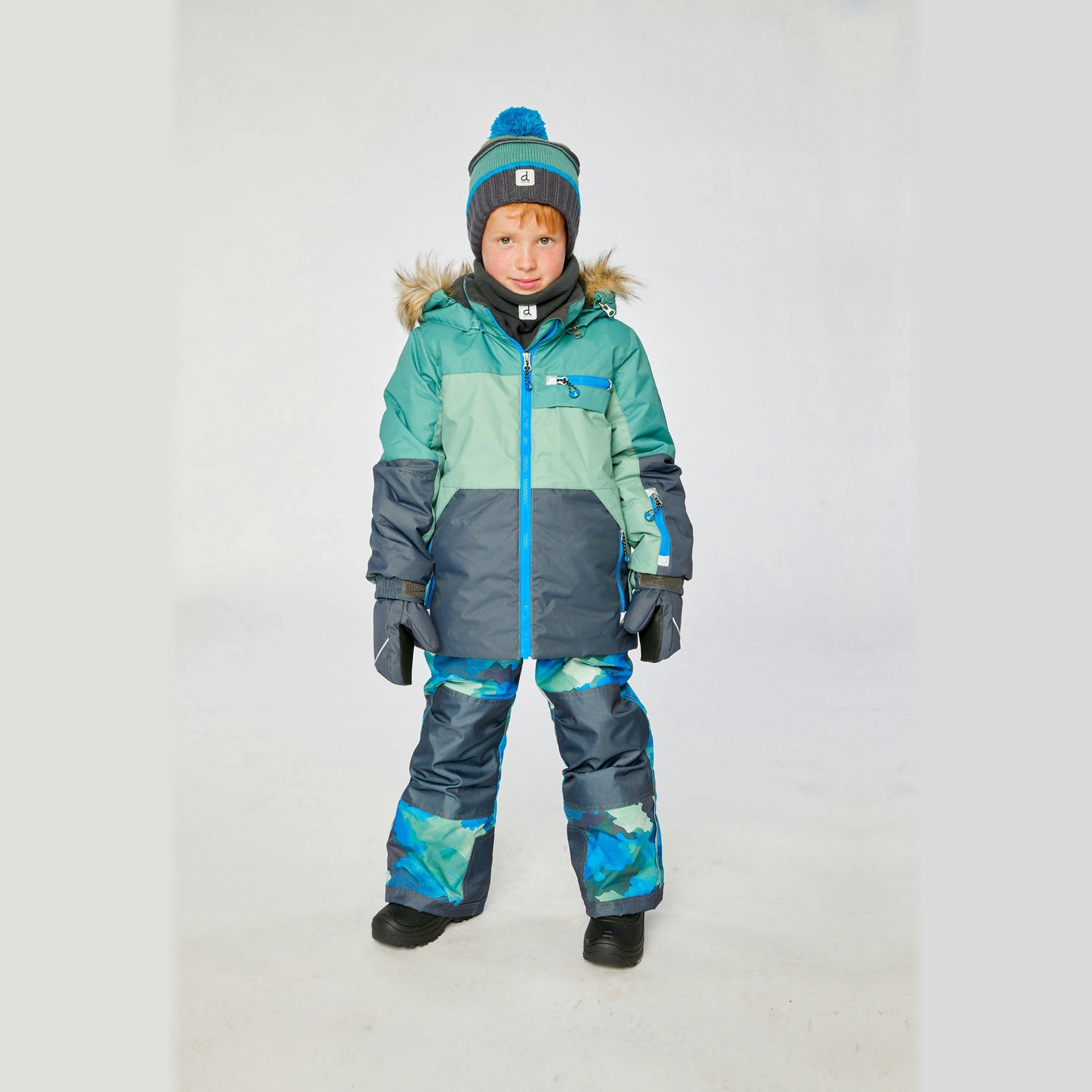 Two Piece Play Snowsuit Green And Navy Colorblock With Blue Camouflage Pants , view 4 of 6