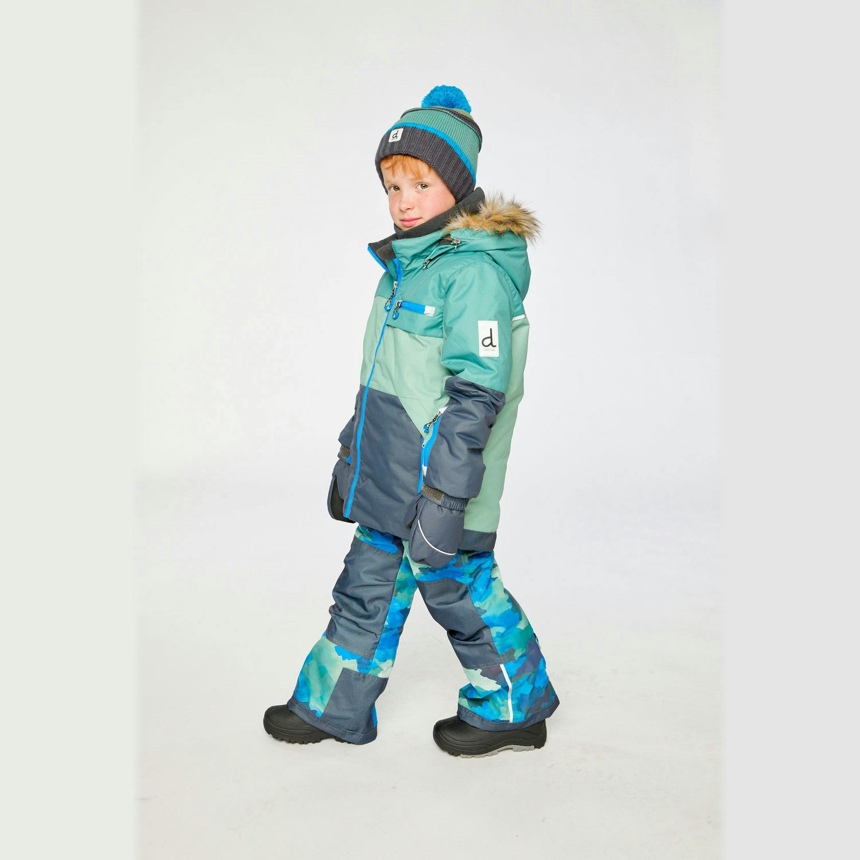 Two Piece Play Snowsuit Green And Navy Colorblock With Blue Camouflage Pants , view 5 of 6