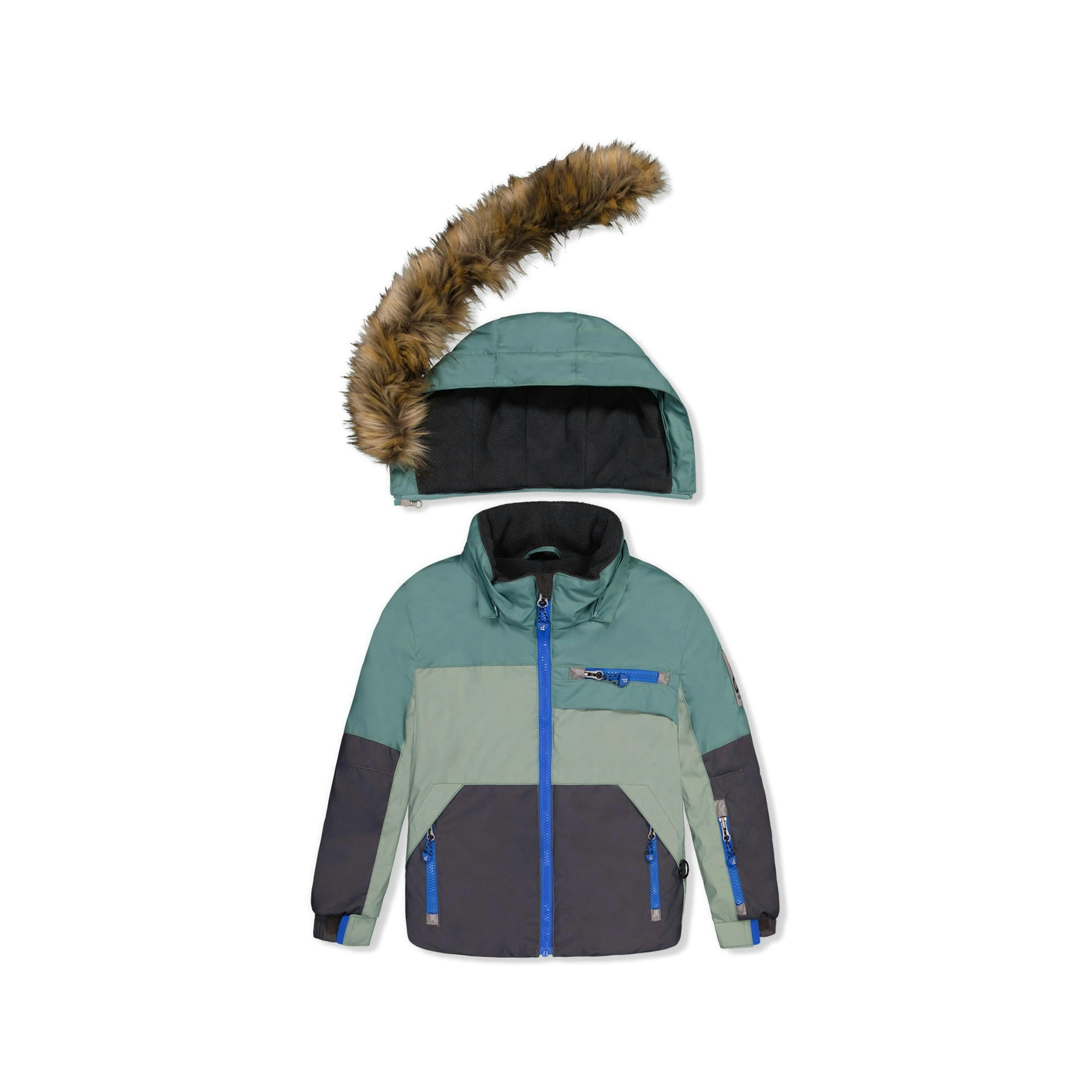 Two Piece Play Snowsuit Green And Navy Colorblock With Blue Camouflage Pants , view 6 of 6
