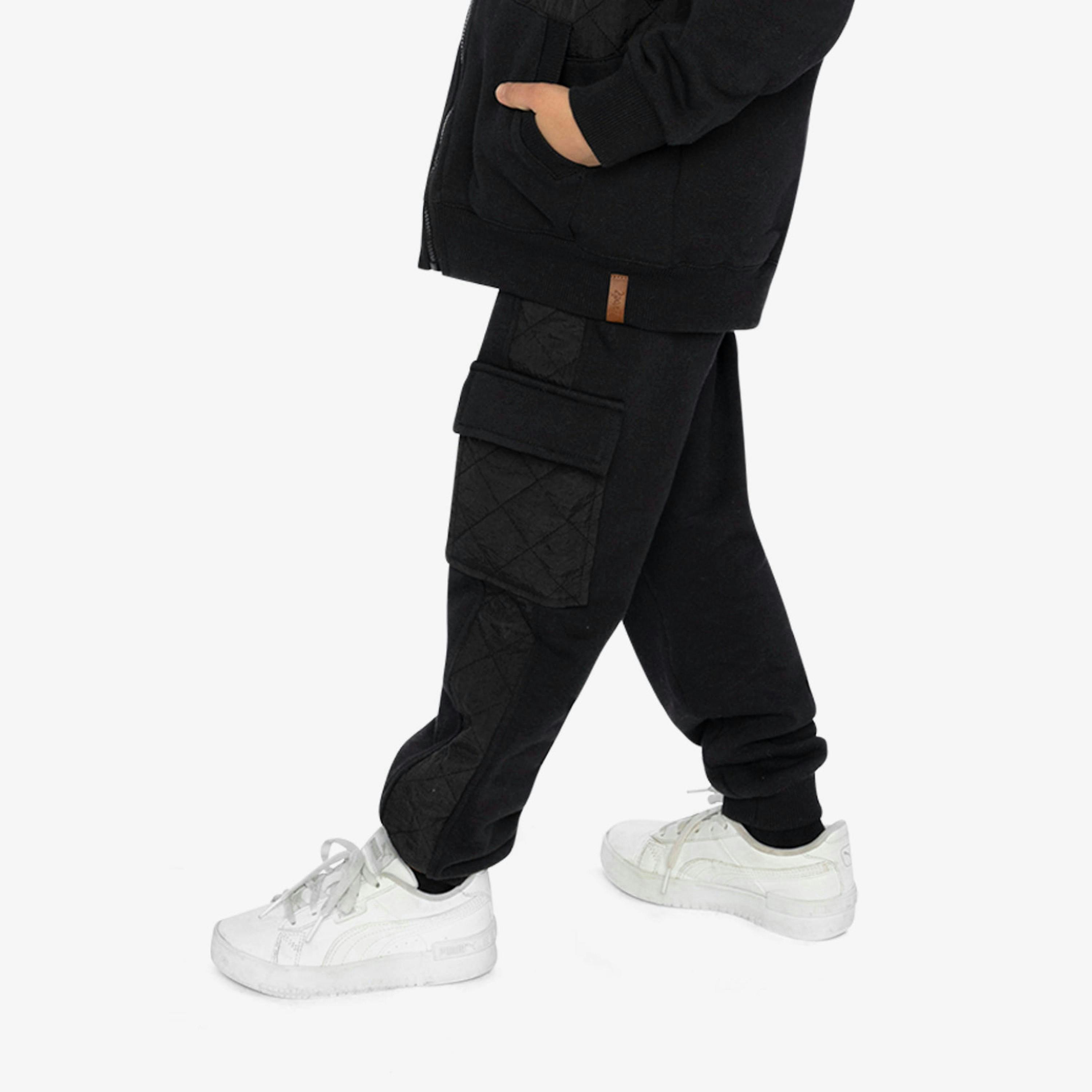 Fleece Bi-Material Sweatpants With Pockets Black , view 3 of 6