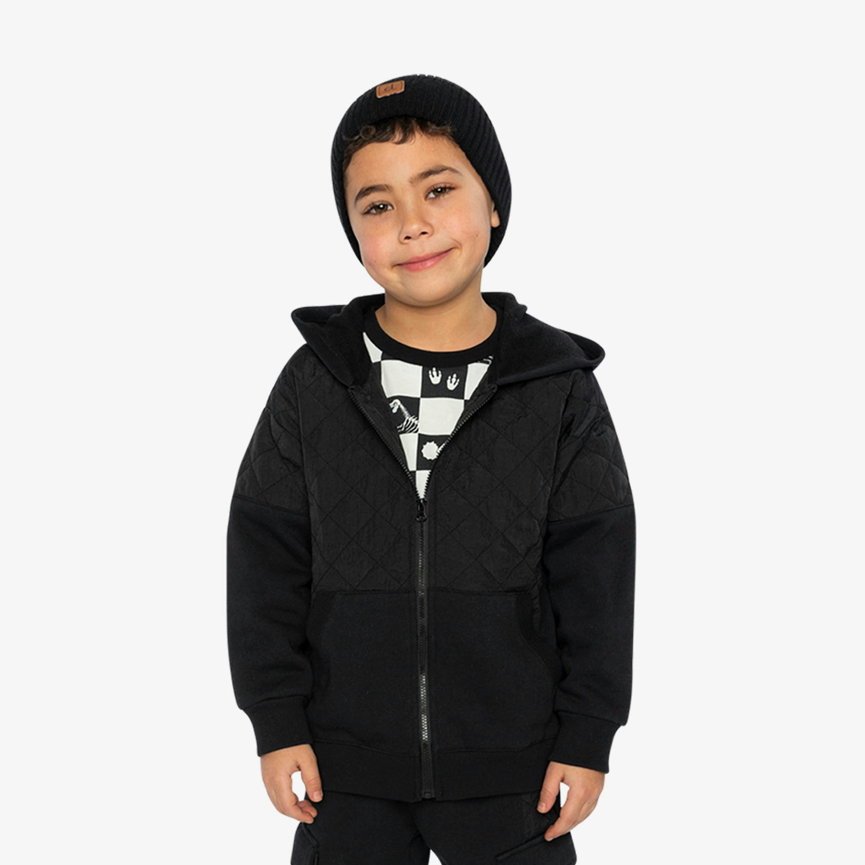 Full Zip Hooded Bi-Material Cardigan Black , view 2 of 5