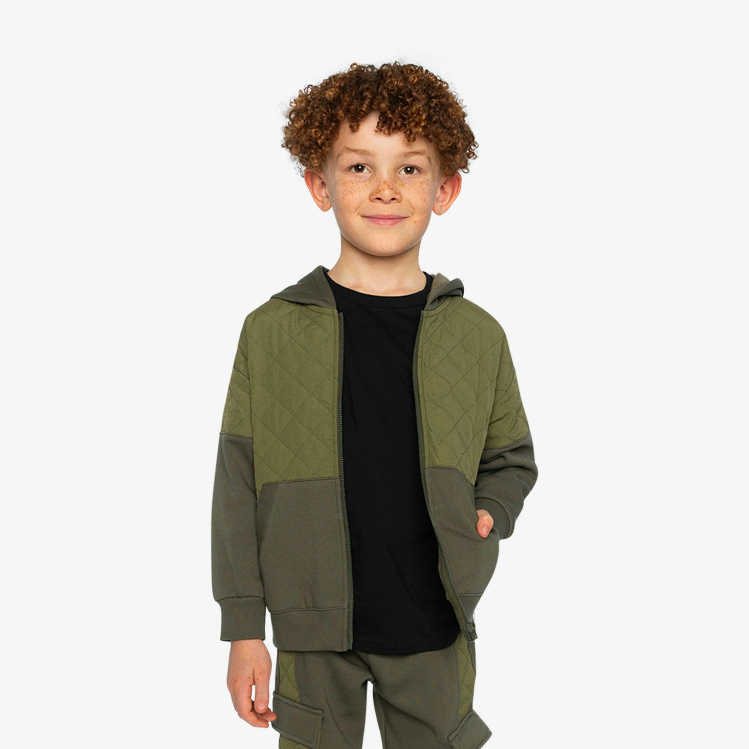 Full Zip Hooded Bi-Material Cardigan Green , view 2 of 6