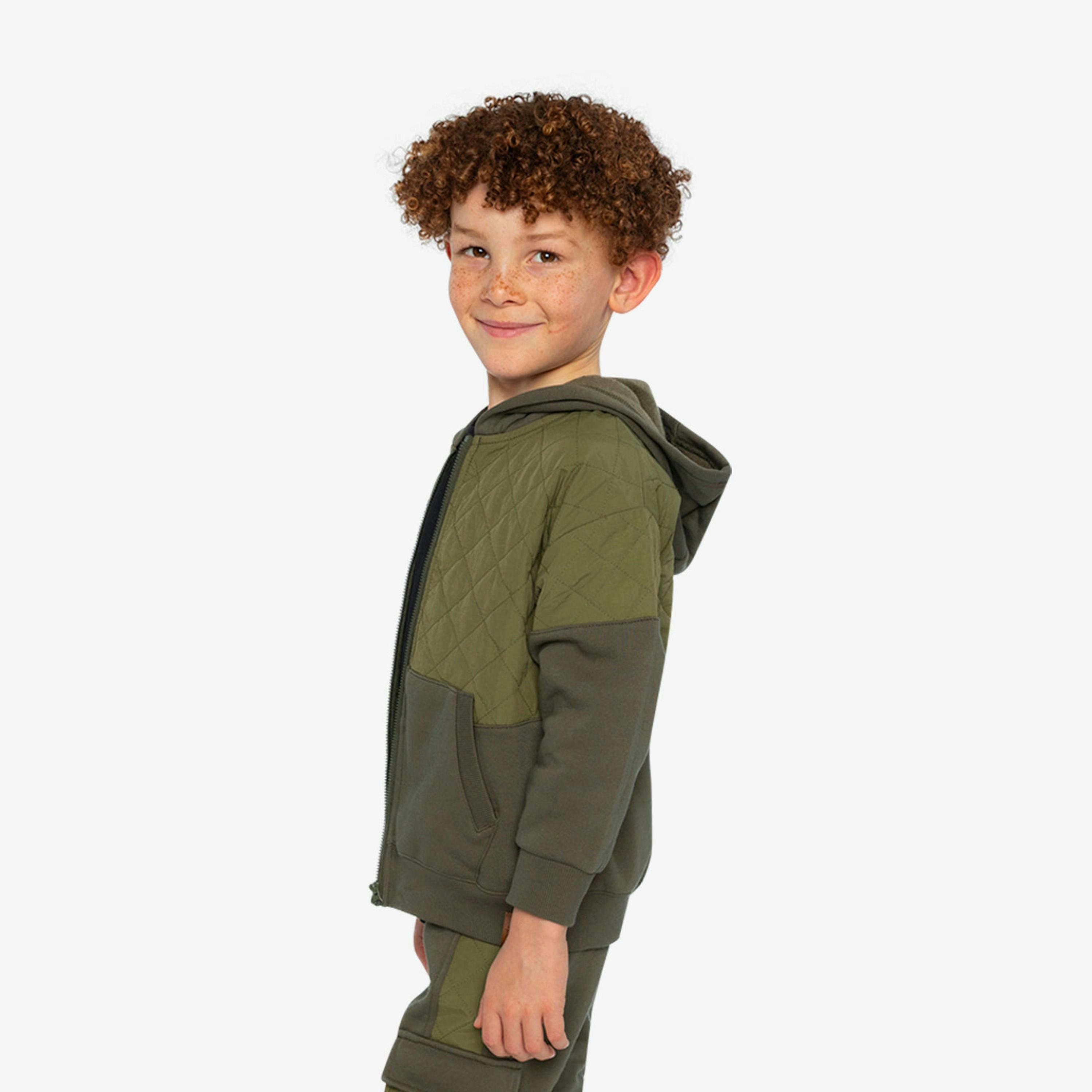 Full Zip Hooded Bi-Material Cardigan Green , view 3 of 6