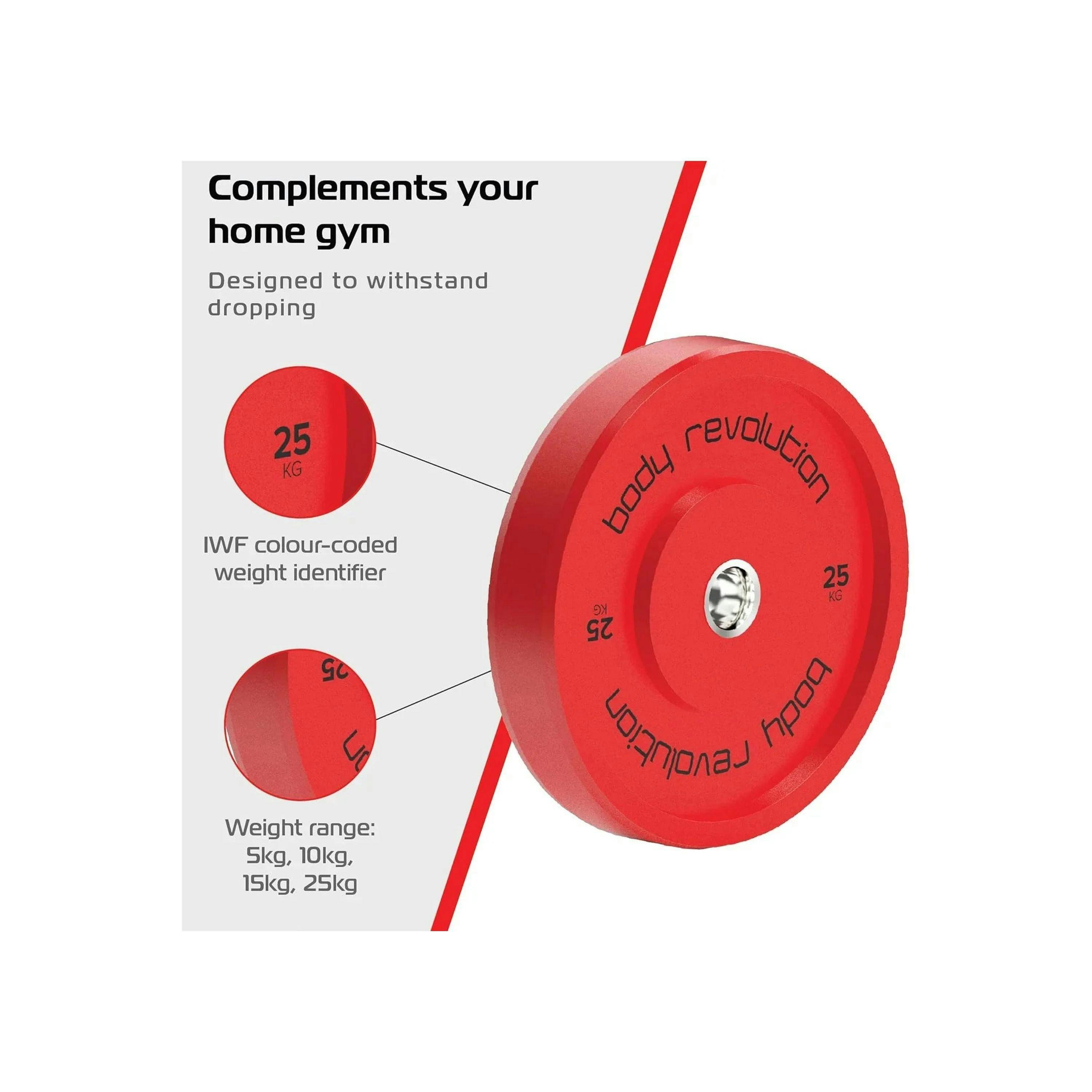 Body Revolution 2 x 25Kg Red Olympic Bumper Plates , view 3 of 4