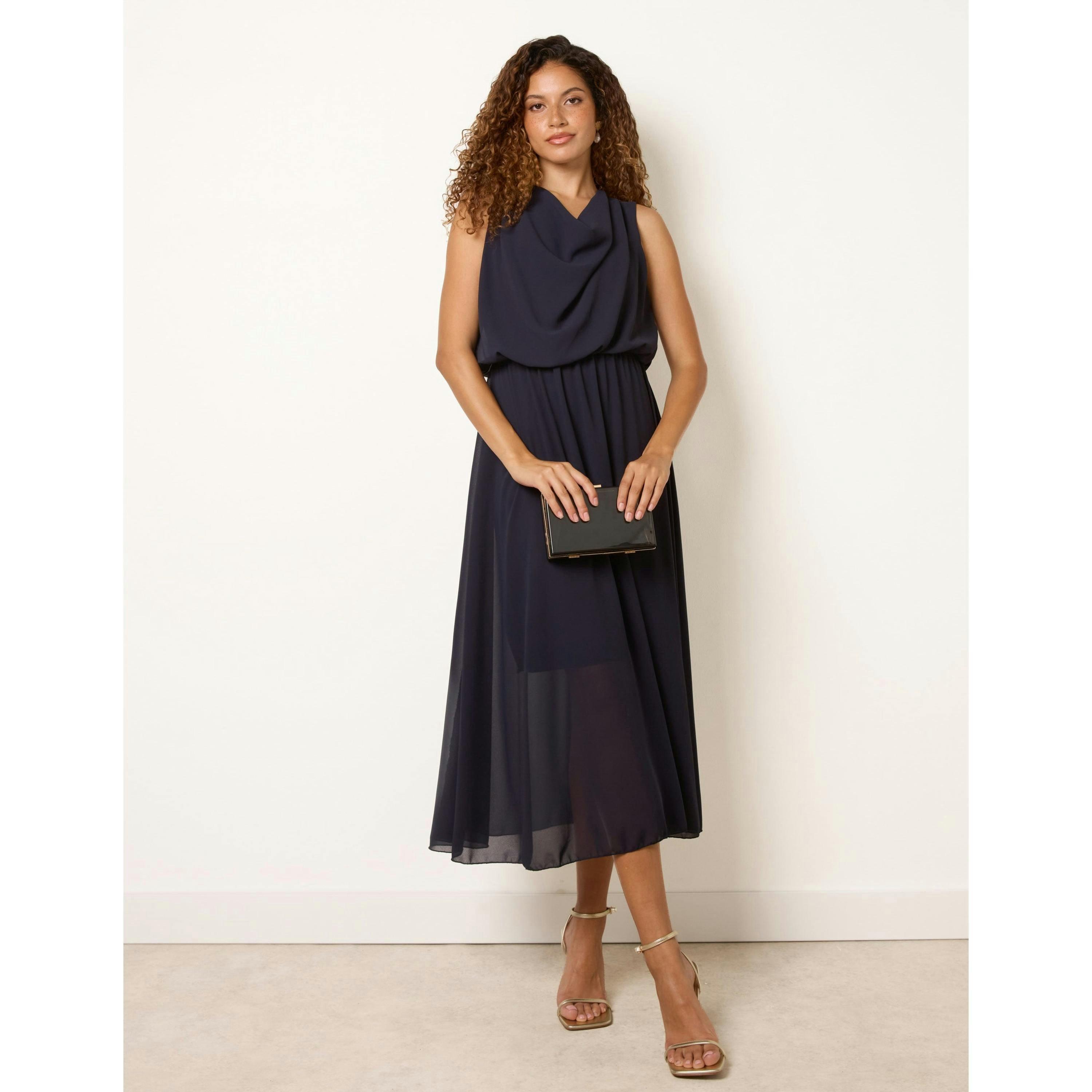 Blue Vanilla Plain Sleeveless Cowl Neck Dress  in Navy , view 4 of 4