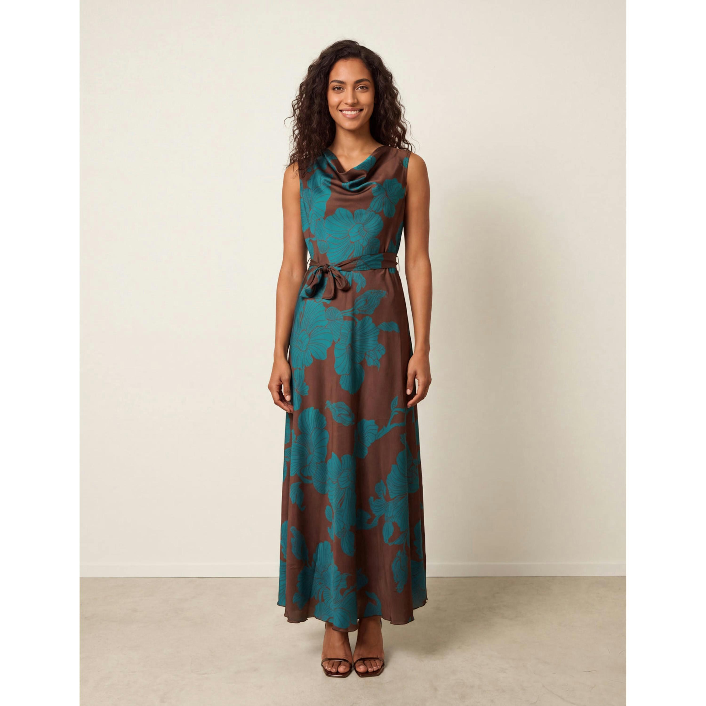 Blue Vanilla Floral Satin Cowl Neck Dress  in Brown , view 1 of 4