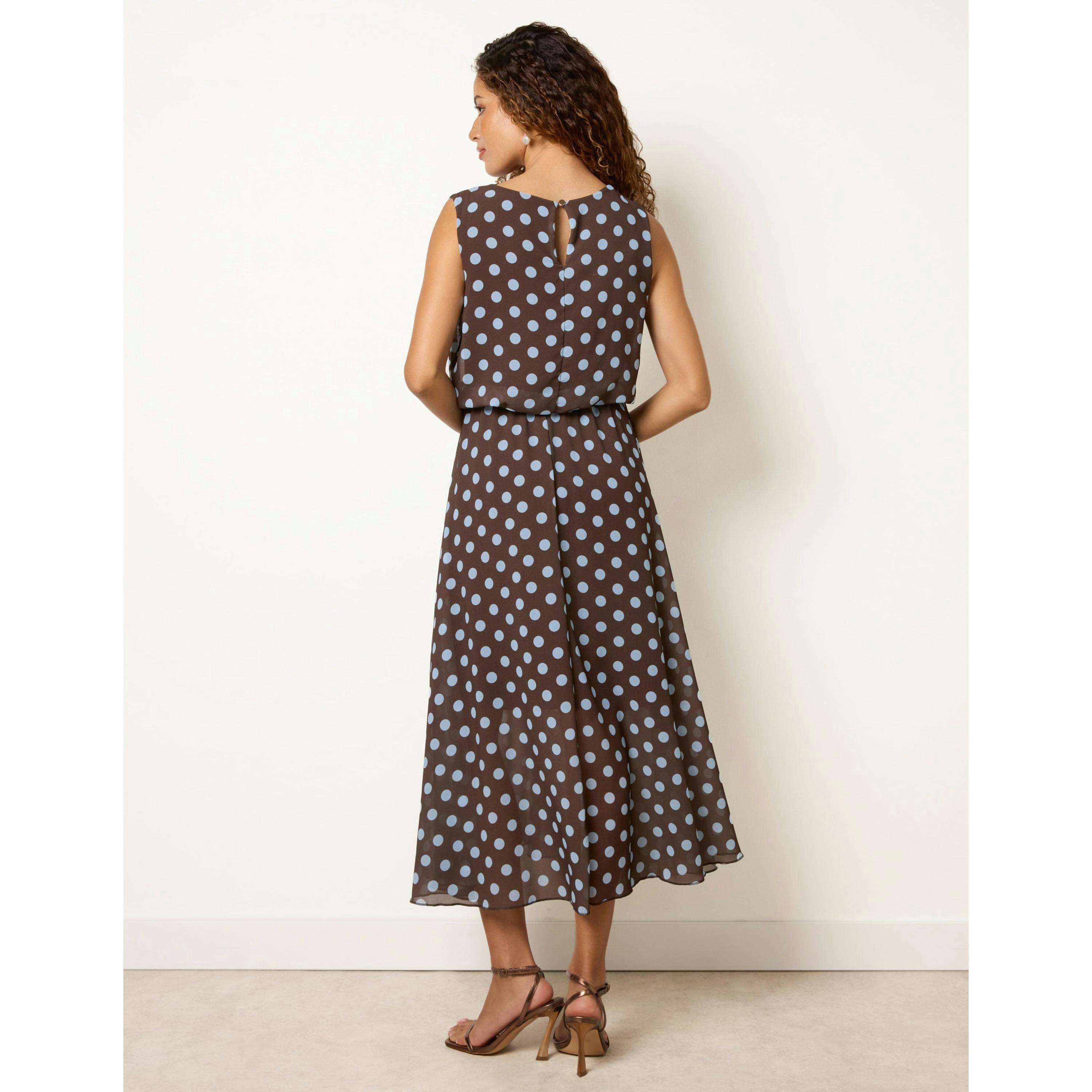 Blue Vanilla Polka Dot Drop Cowl Neck Midi Dress  in Brown , view 2 of 4