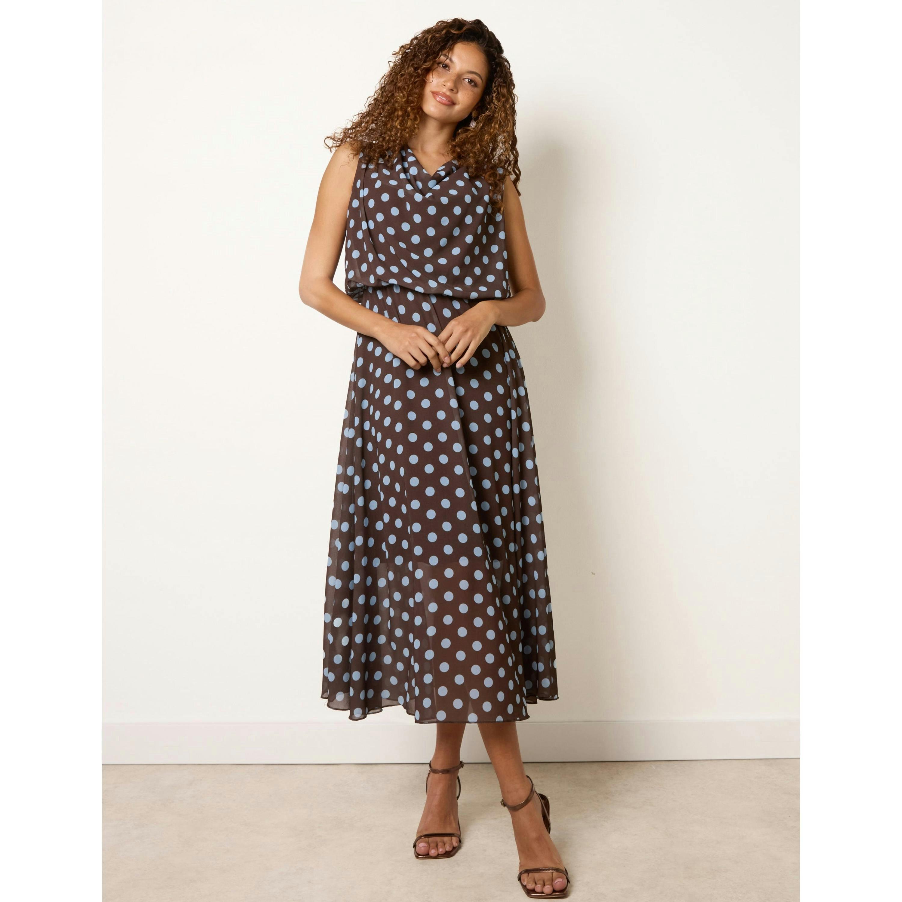 Blue Vanilla Polka Dot Drop Cowl Neck Midi Dress  in Brown , view 4 of 4