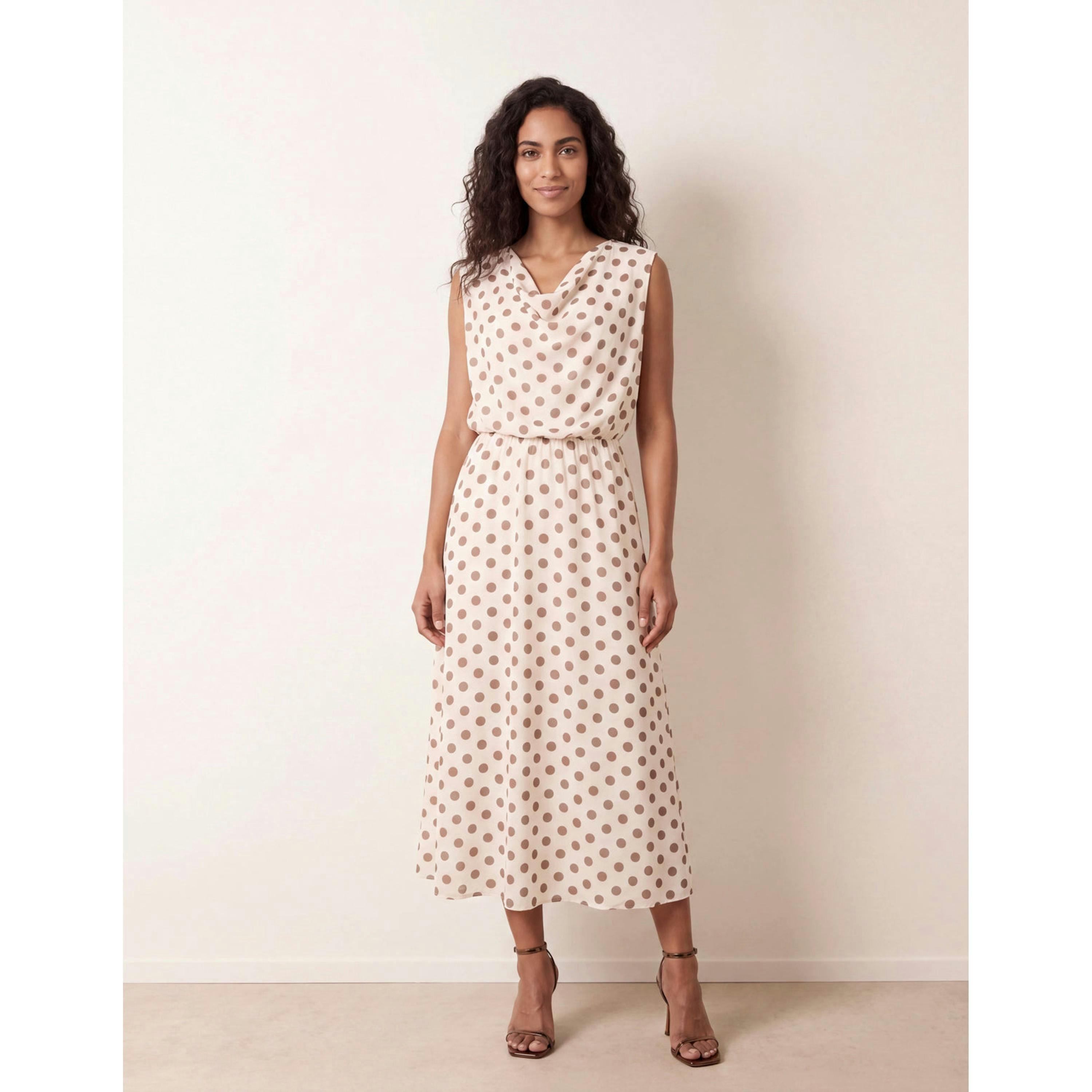 Blue Vanilla Polka Dot Drop Cowl Neck Midi Dress  in Beige , view 1 of 4