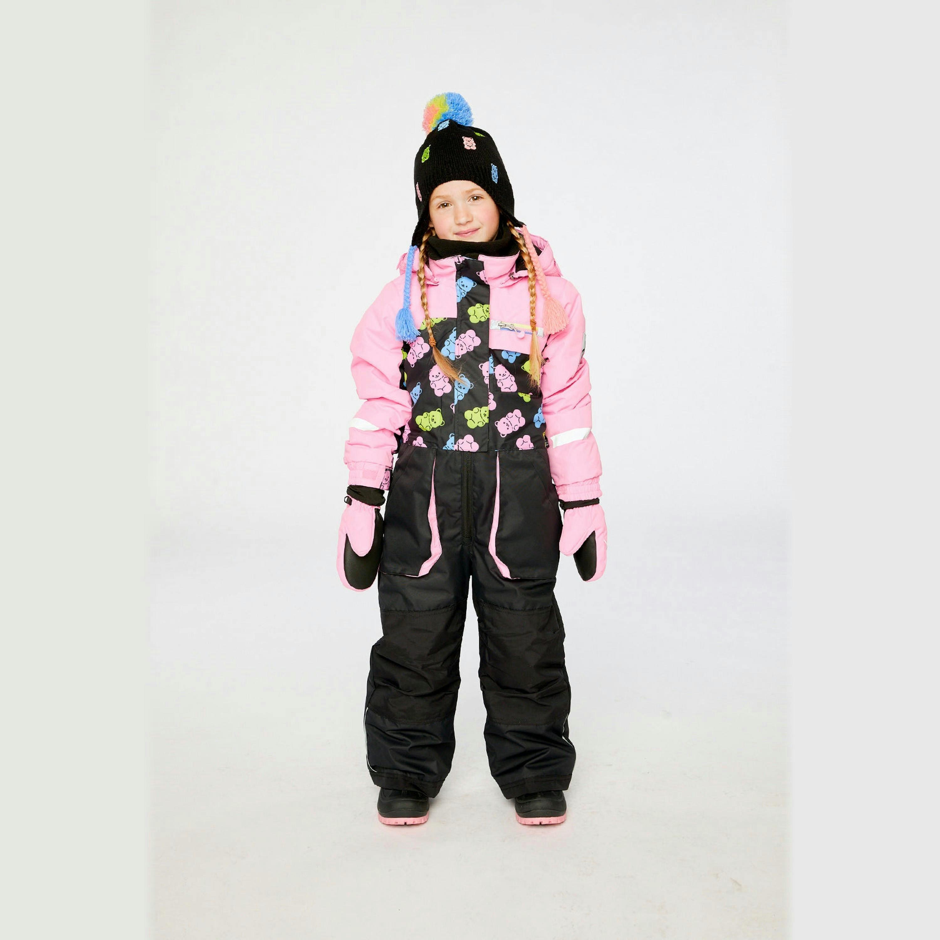 Kids One Piece Play Snowsuit Pink And Black Gummy Bear Print , view 2 of 5