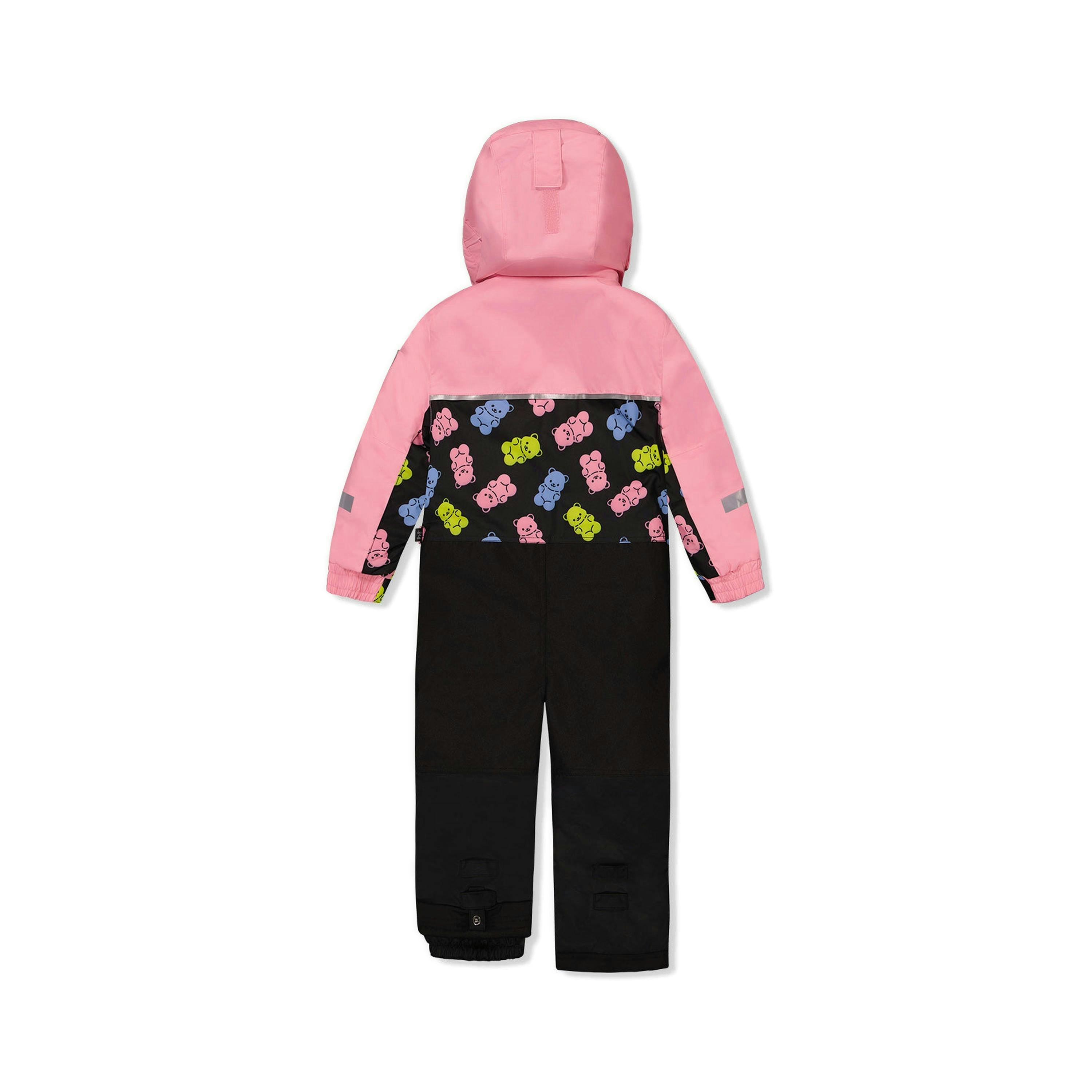 Kids One Piece Play Snowsuit Pink And Black Gummy Bear Print , view 3 of 5