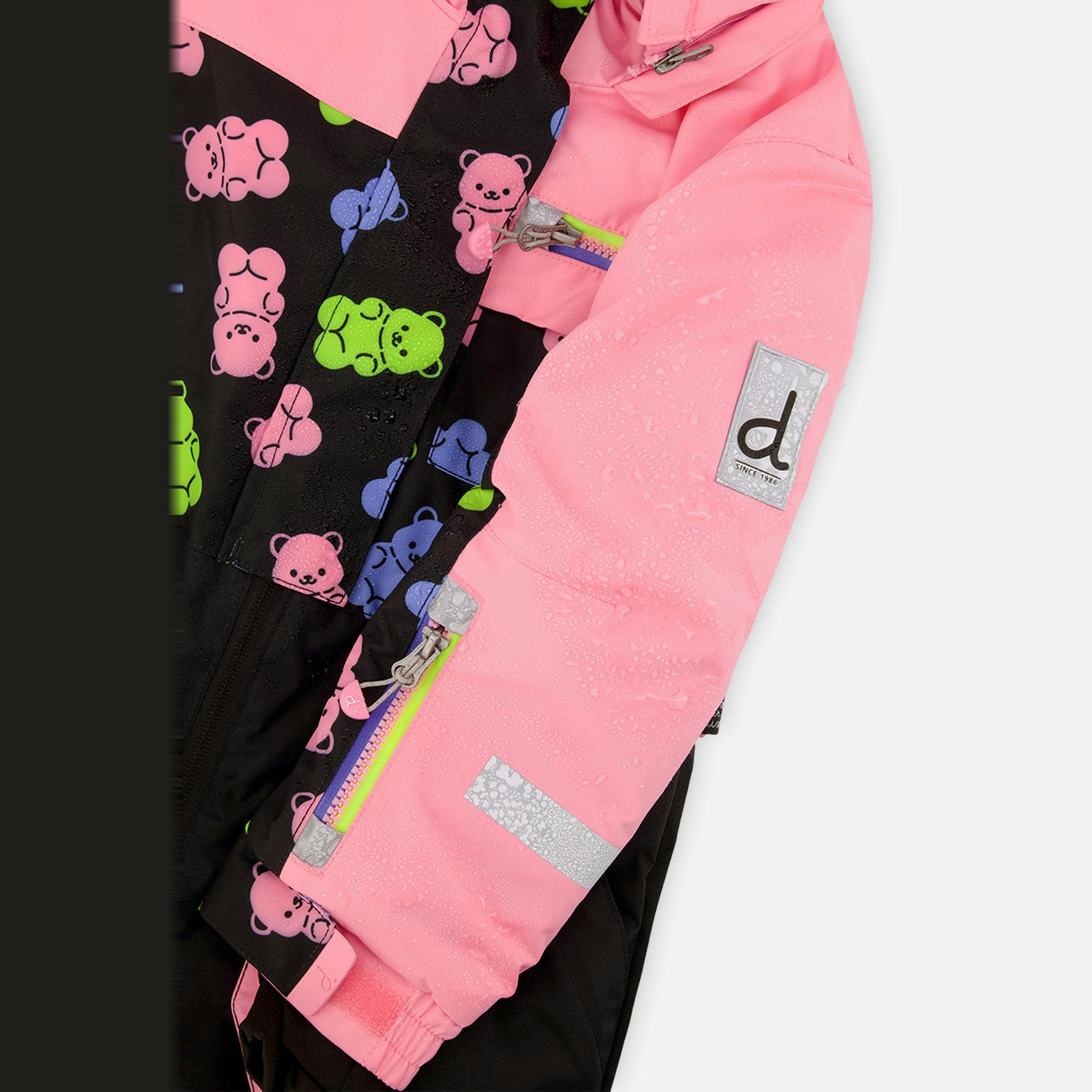 Kids One Piece Play Snowsuit Pink And Black Gummy Bear Print , view 4 of 5