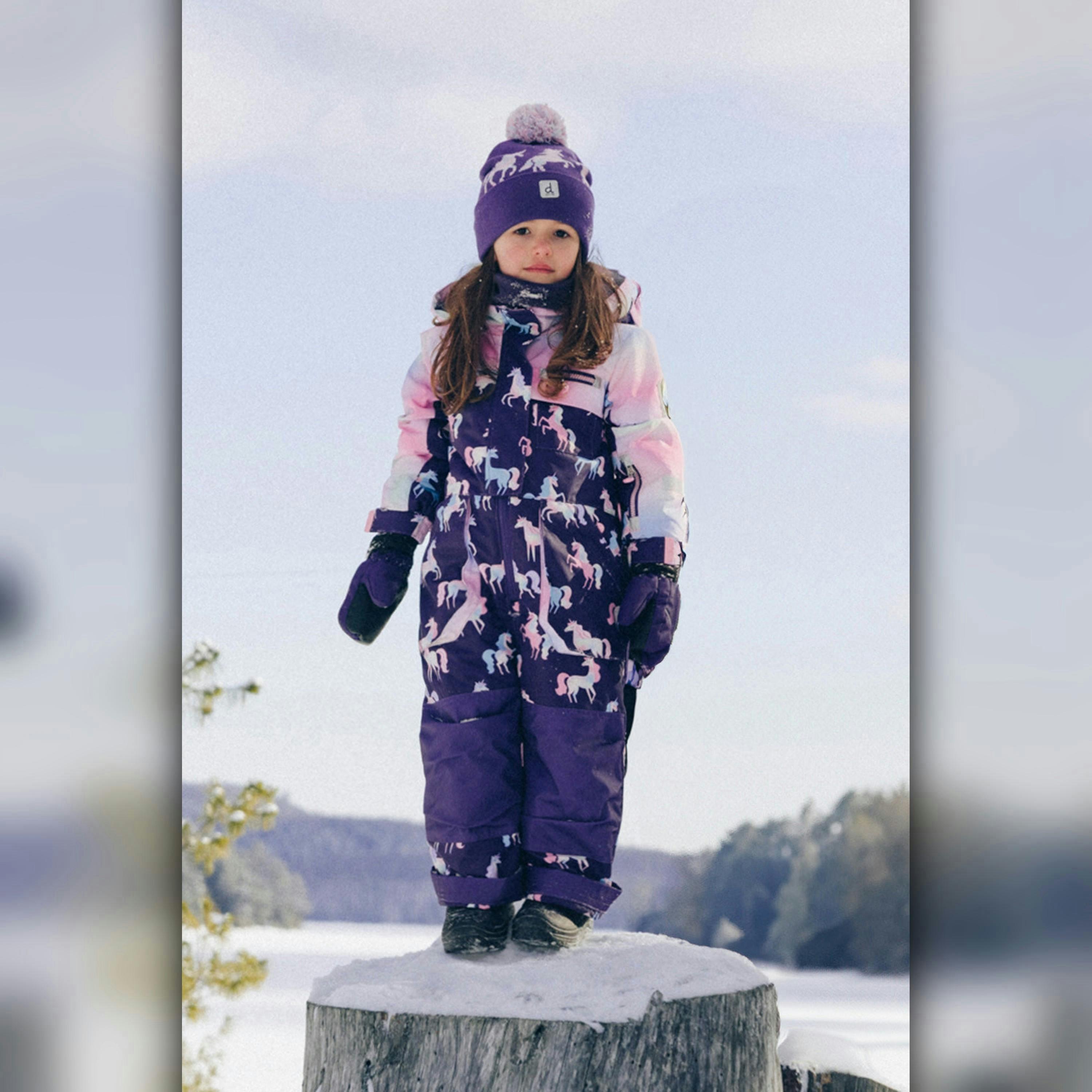 Kids One Piece Play Snowsuit Purple Unicorn Print , view 2 of 6