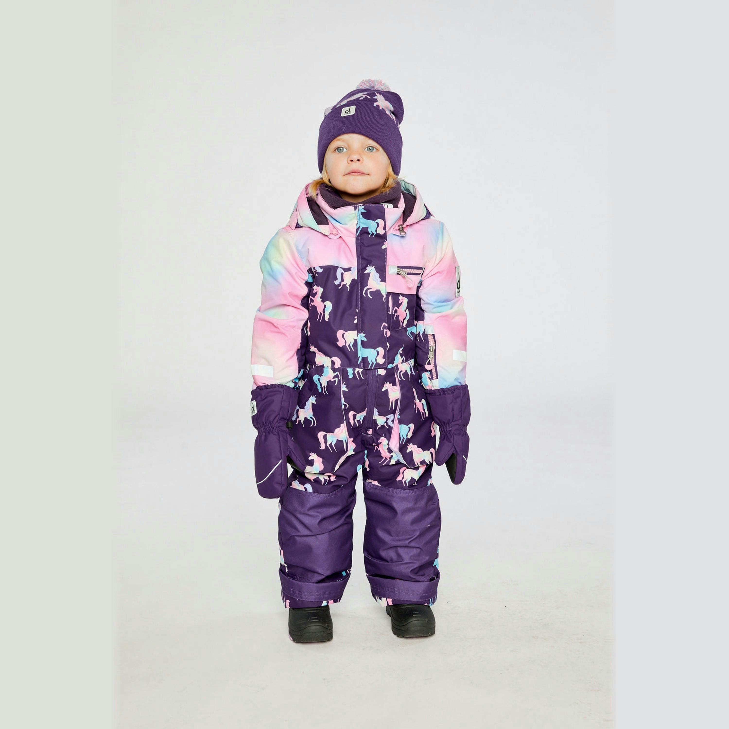 Kids One Piece Play Snowsuit Purple Unicorn Print , view 3 of 6