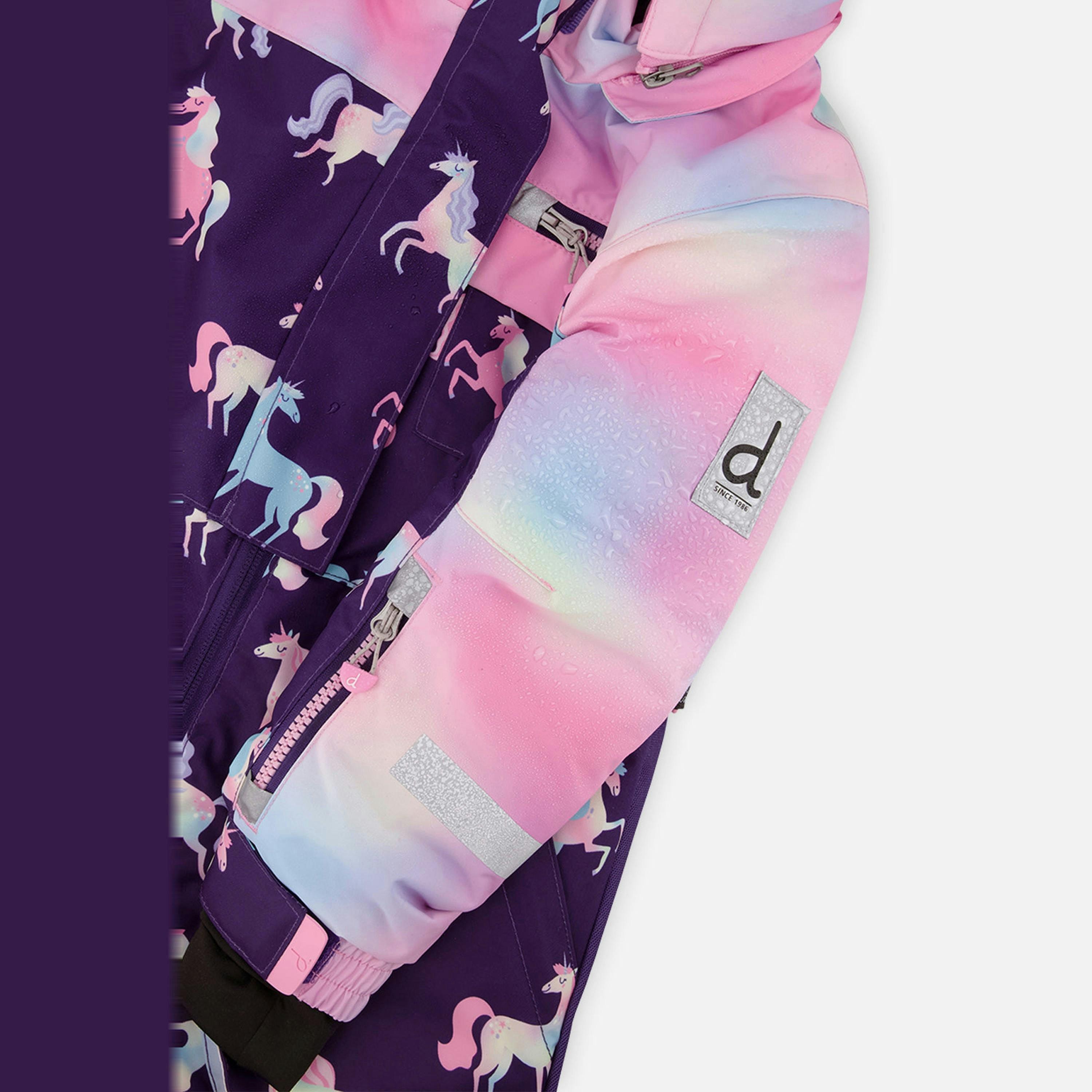 Kids One Piece Play Snowsuit Purple Unicorn Print , view 6 of 6