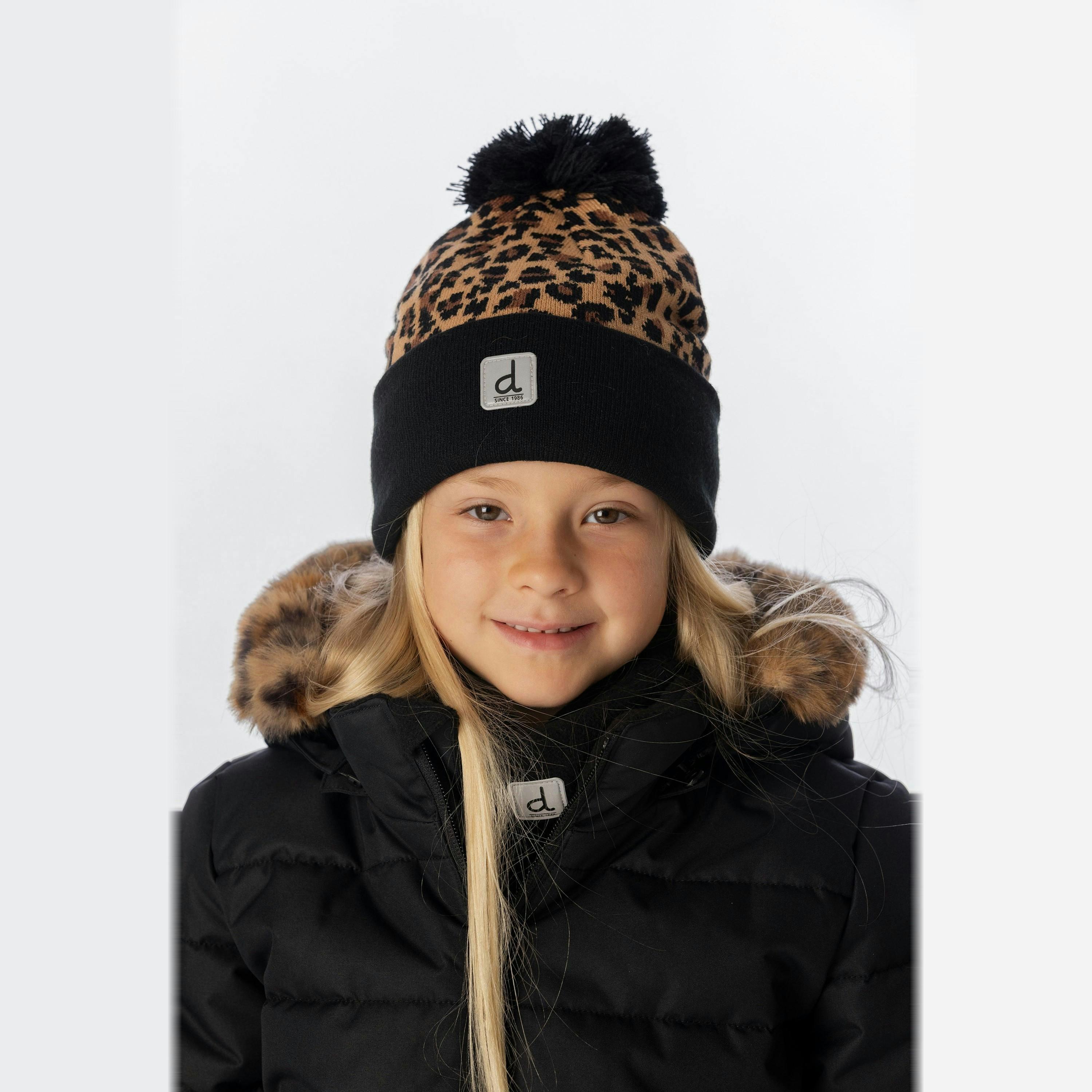 Winter Knit Hat with Pompom Brown Leopard Print , view 2 of 3