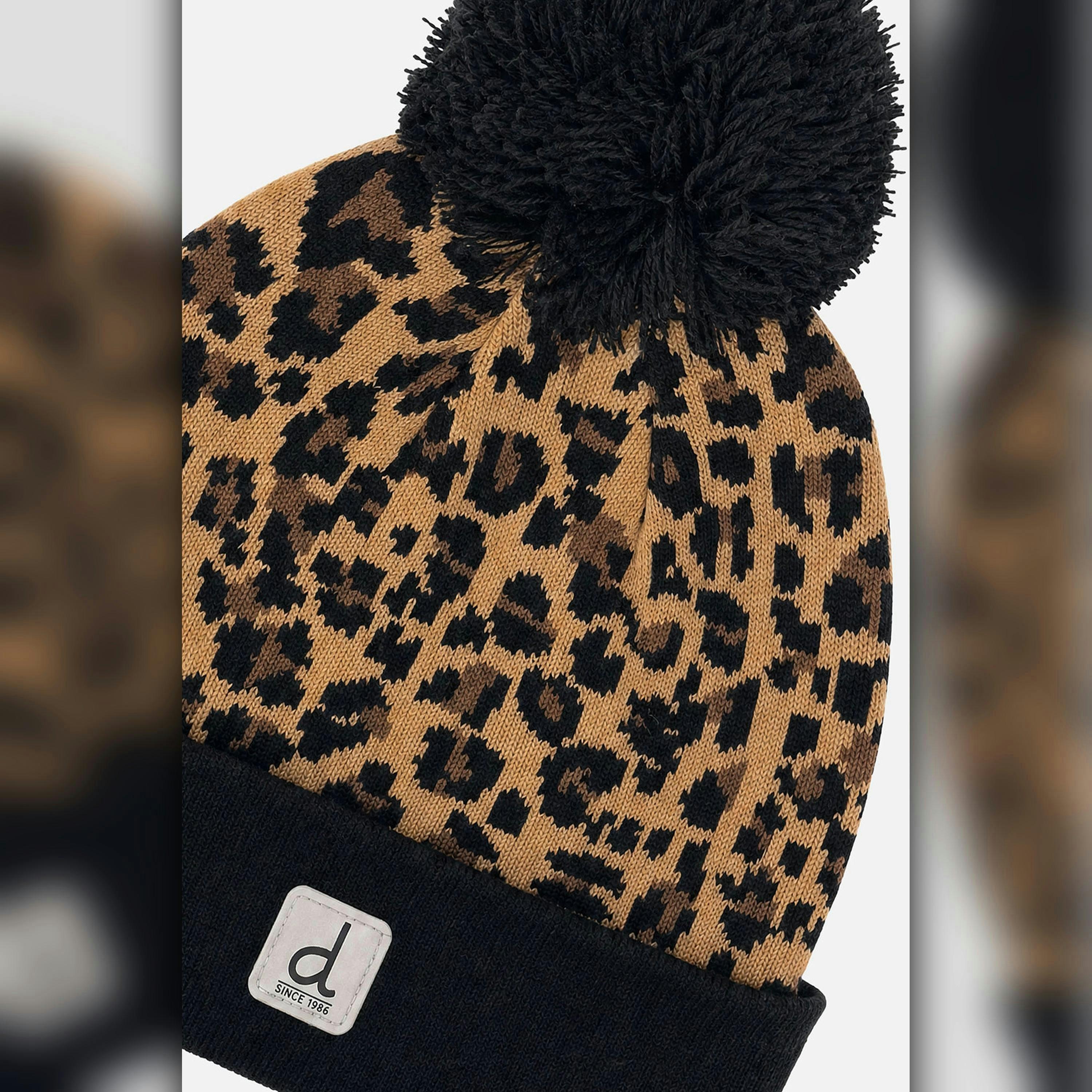 Winter Knit Hat with Pompom Brown Leopard Print , view 3 of 3