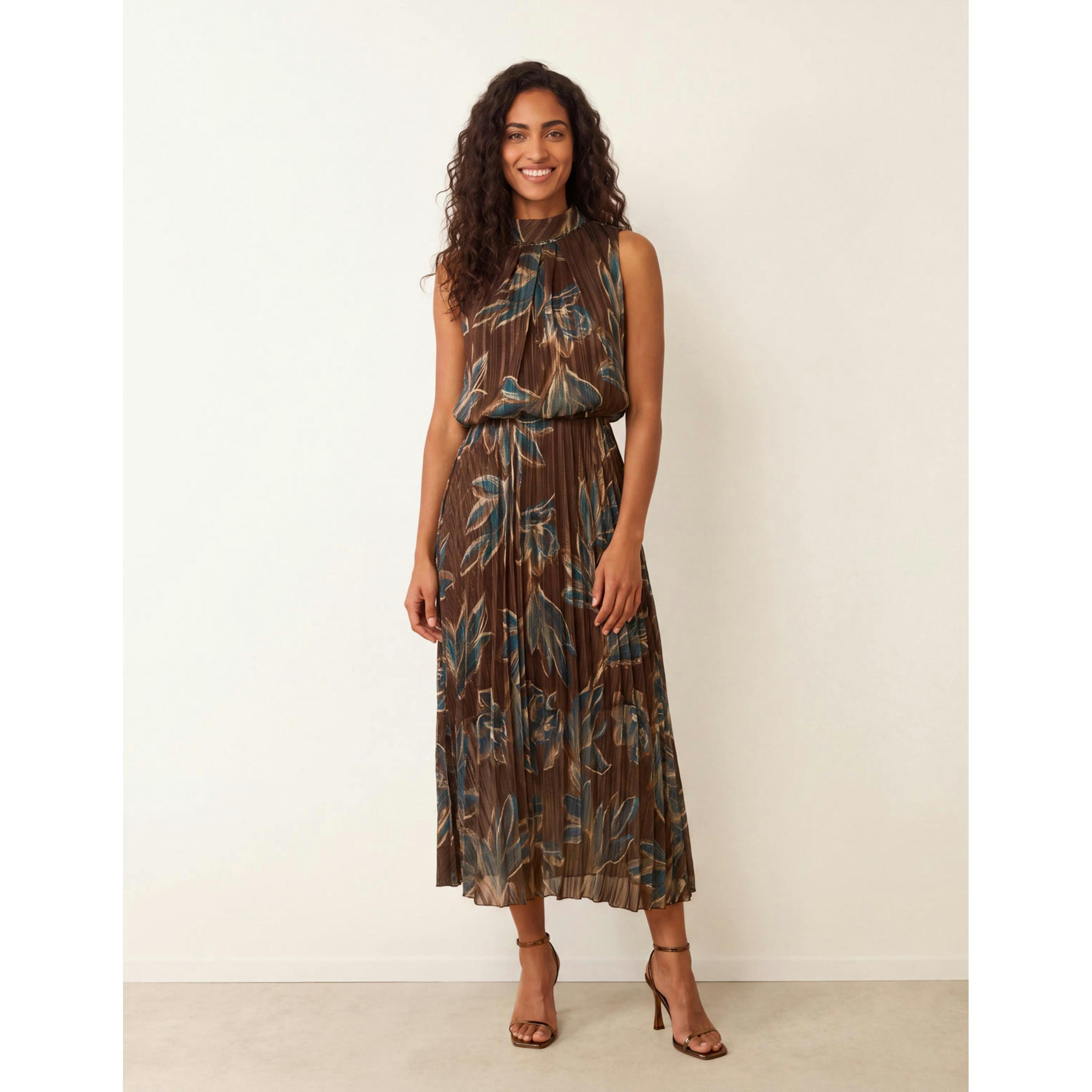 Blue Vanilla Sleeveless Cowl Neck Dress with Metallic  in Brown , view 1 of 4