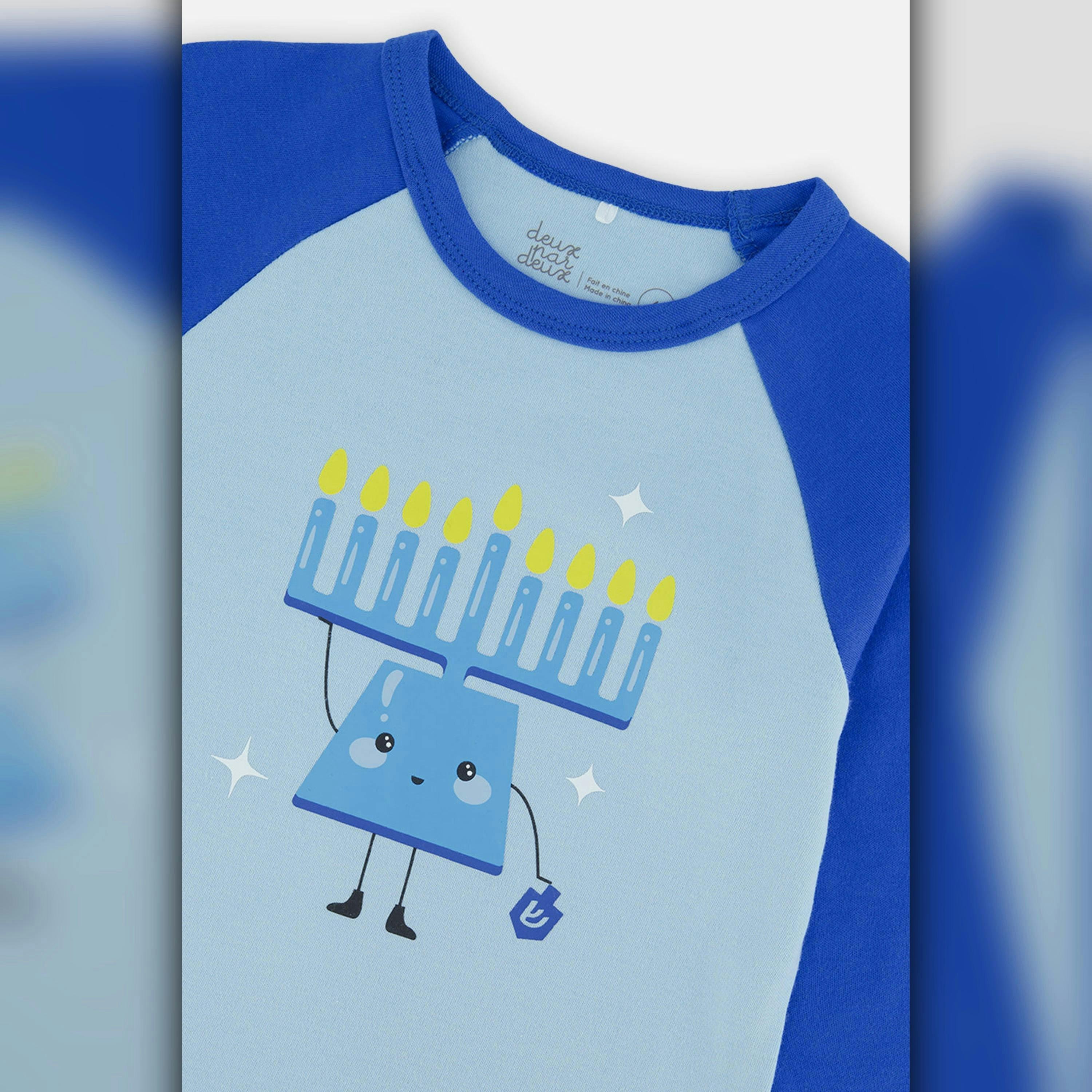 Organic Cotton Two Piece Pajama Set Blue Hanukkah Print , view 2 of 3