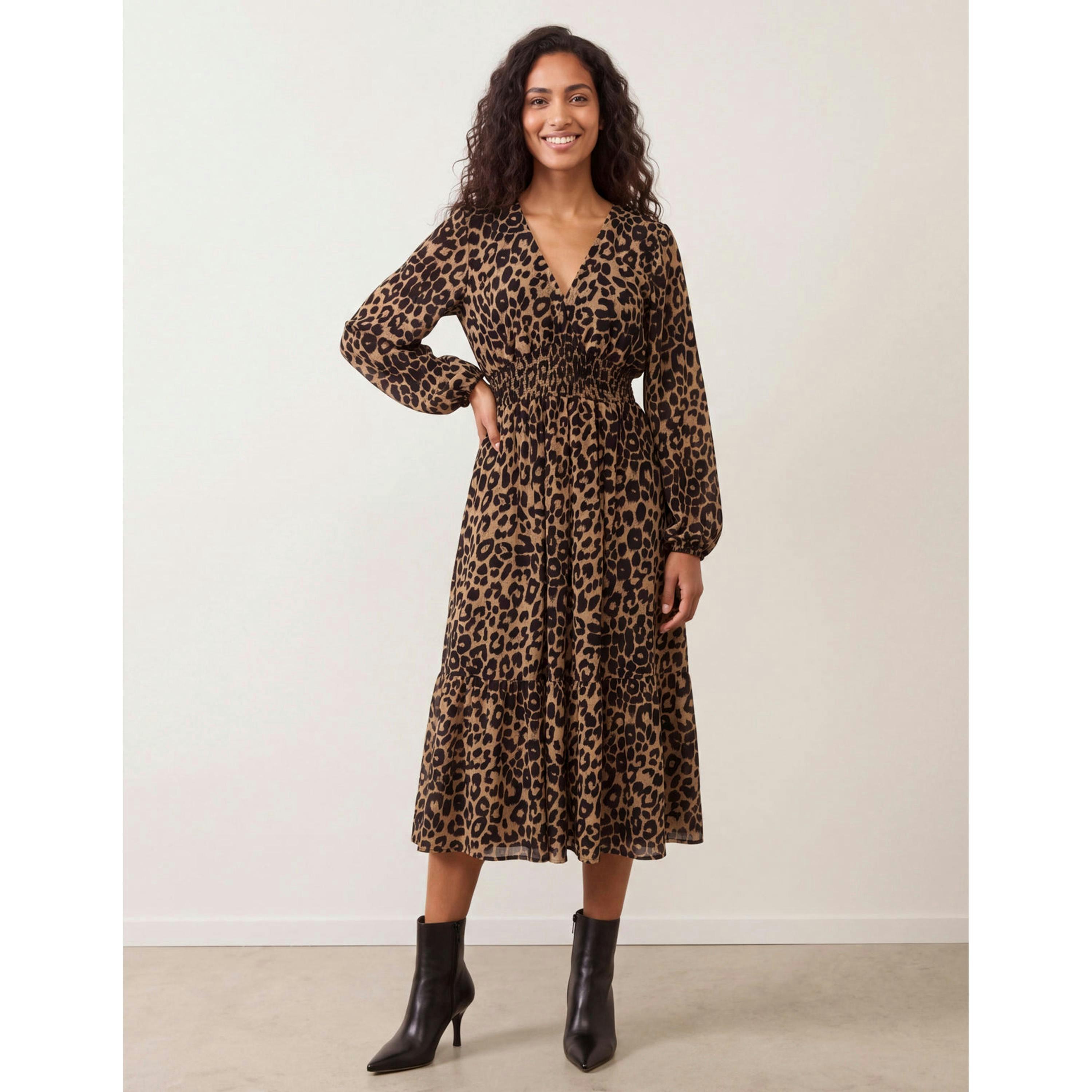 Blue Vanilla Animal Print Long Sleeve V Neck Shirred Midi Dress  in Brown , view 1 of 4