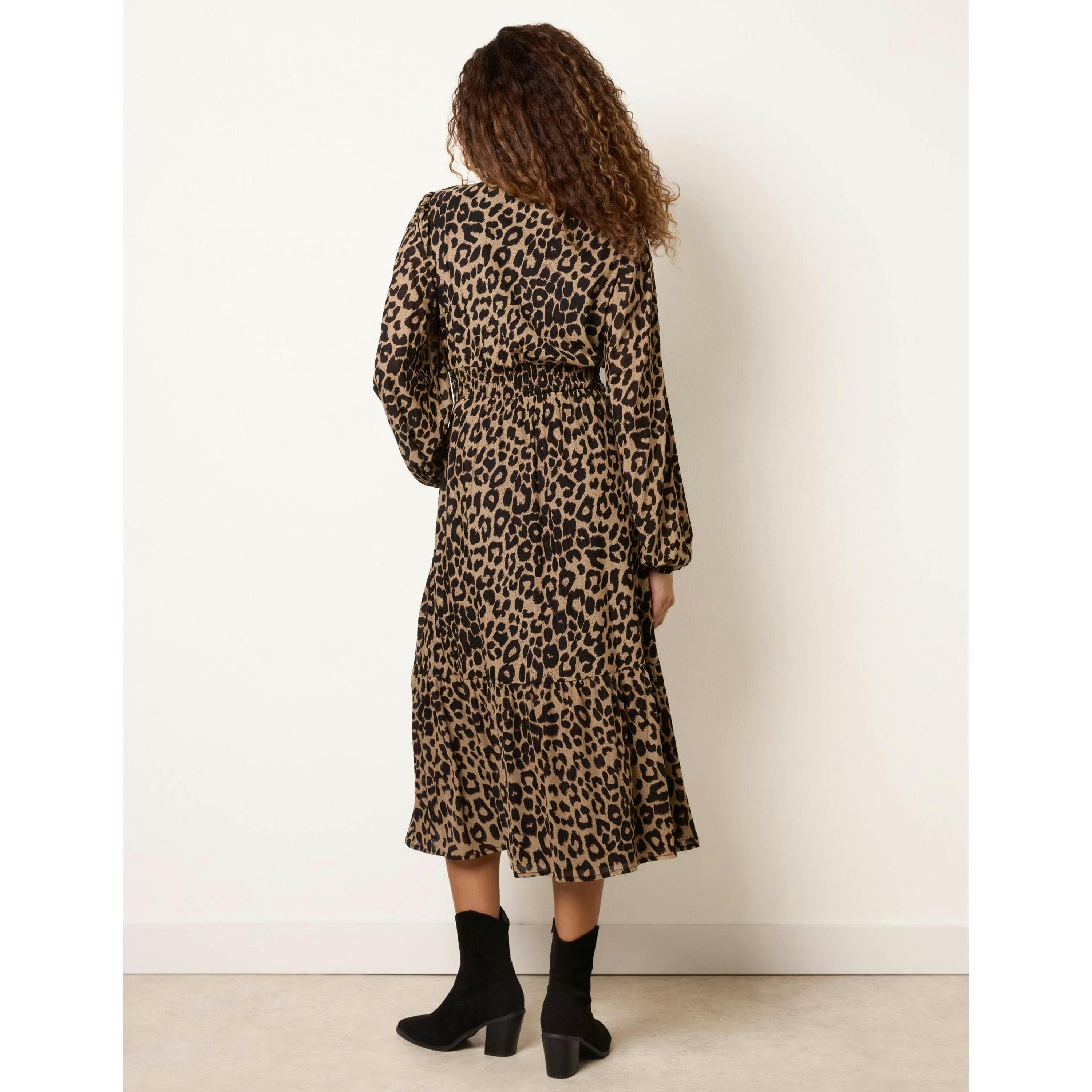 Blue Vanilla Animal Print Long Sleeve V Neck Shirred Midi Dress  in Brown , view 2 of 4
