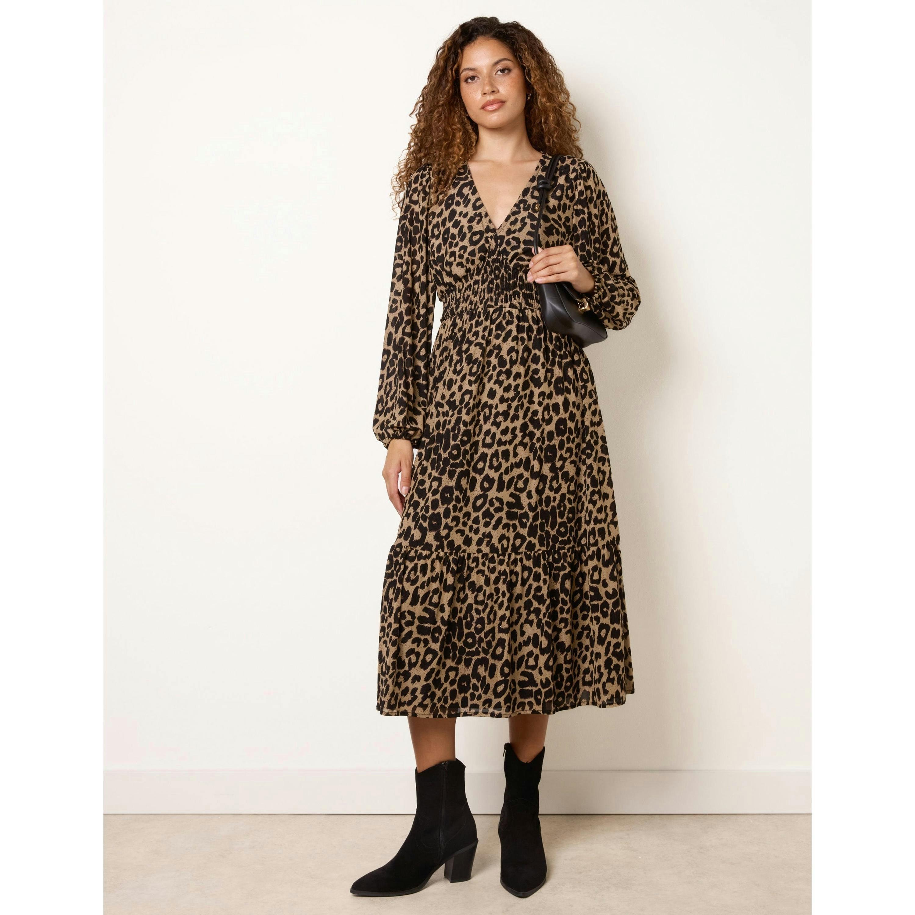 Blue Vanilla Animal Print Long Sleeve V Neck Shirred Midi Dress  in Brown , view 4 of 4