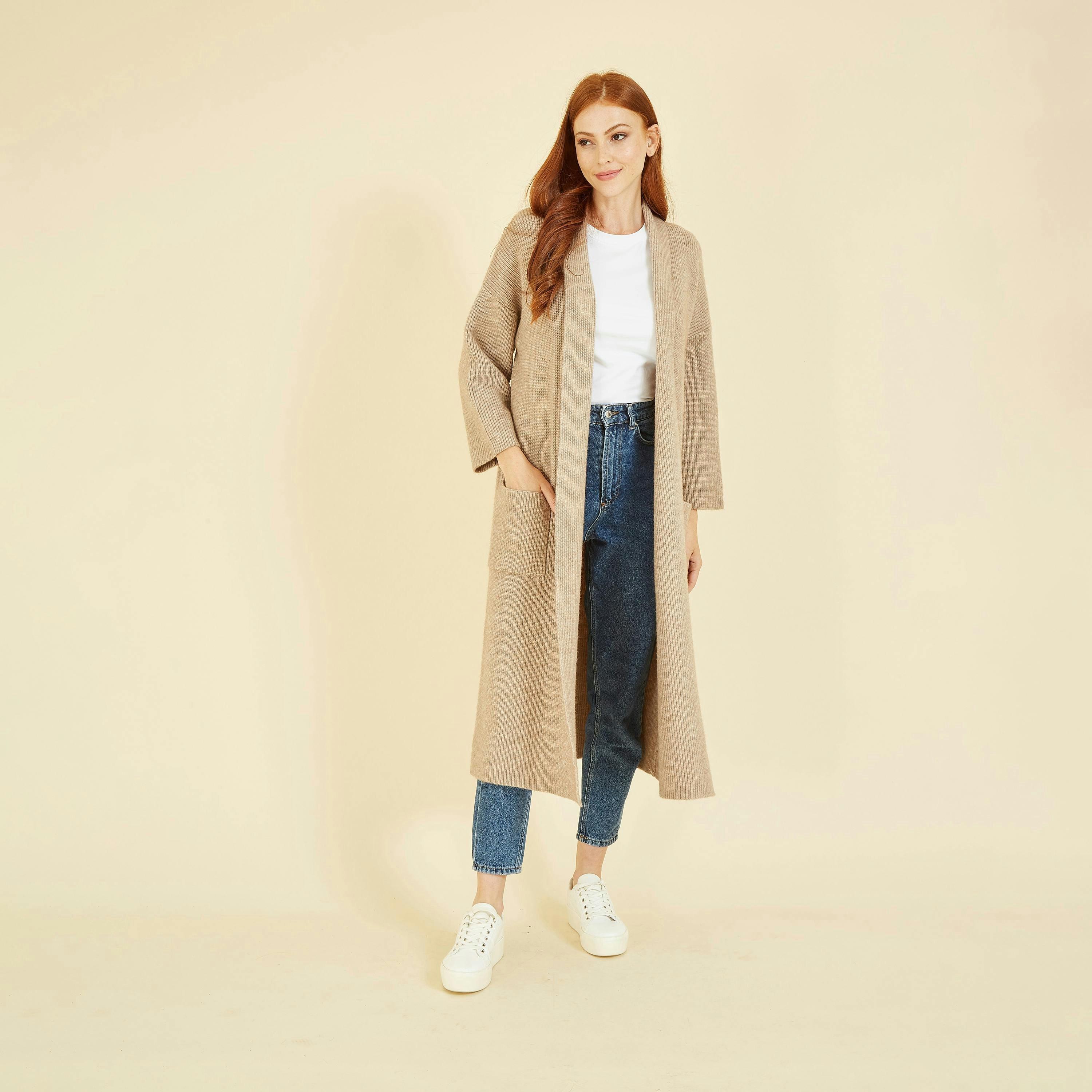 Yumi Oatmeal Knitted Maxi Cardigan With Pockets , view 2 of 4